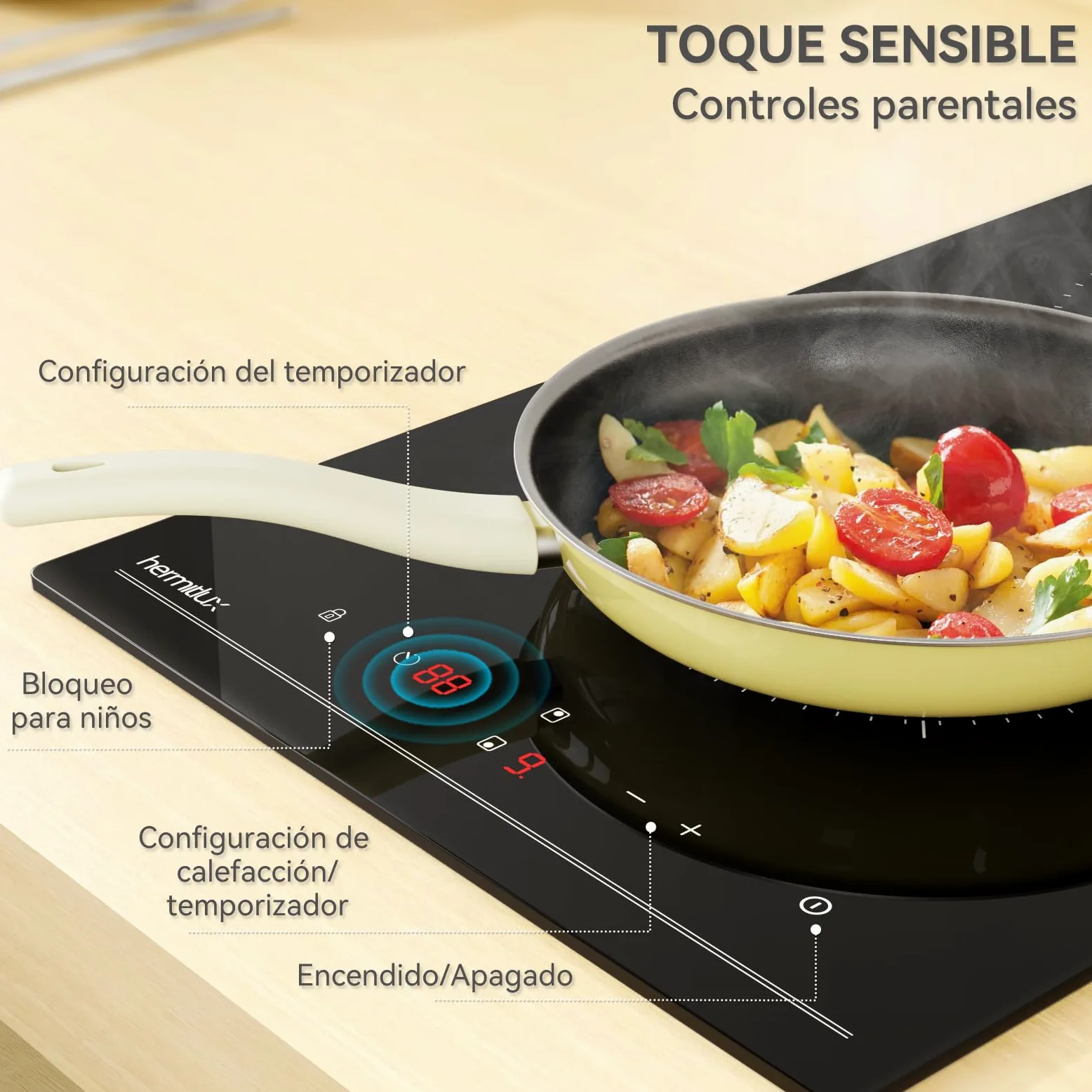 Hermitlux placa vitrocerámica 2 fuegos Compatible con Todos Utensilios | 3300W,30CM 9 niveles de potencia, control táctil, temporizador, seguro para niños, apta para todo tipo de sartenes