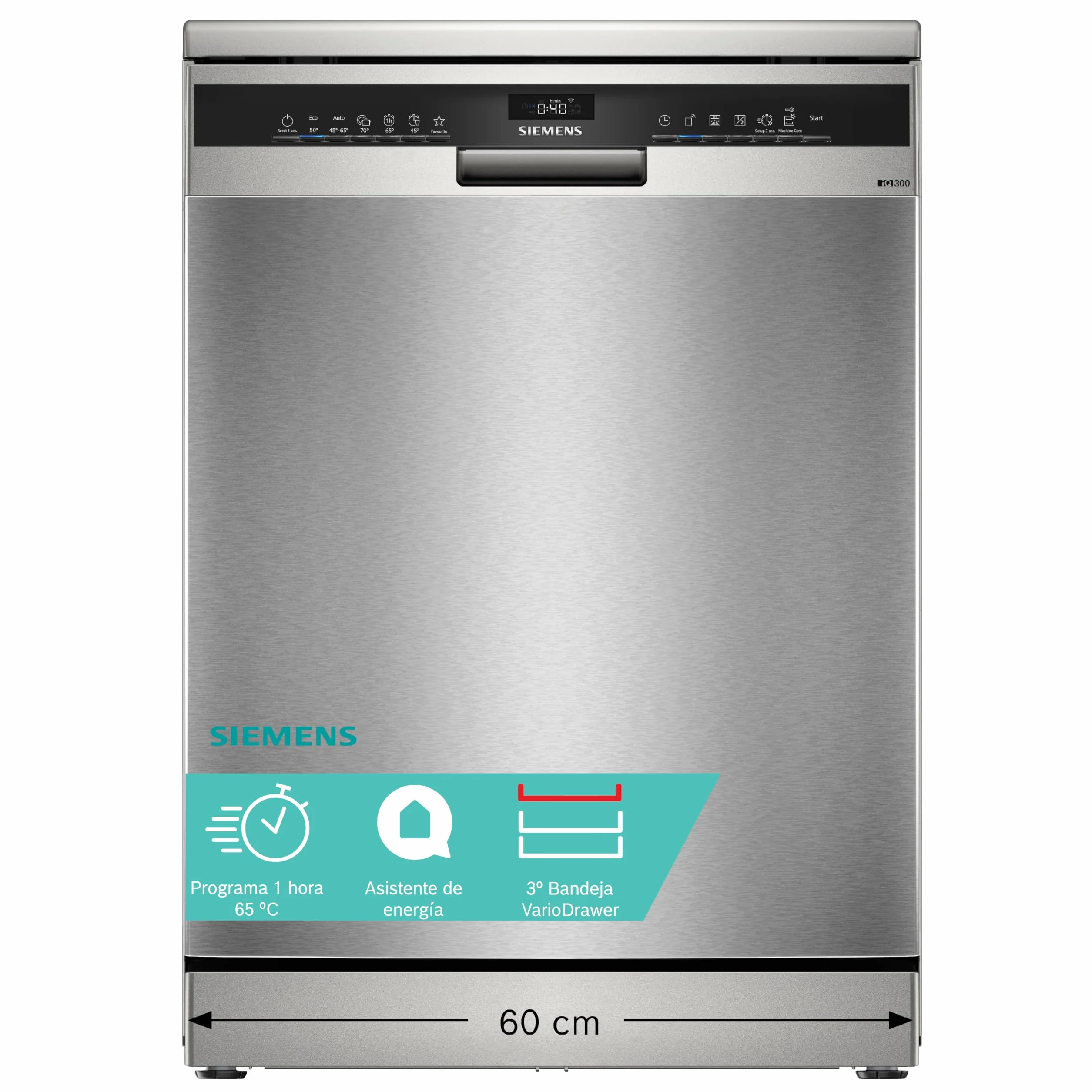 Siemens - Lavavajillas de libre instalación, iQ300, 60 cm, Home Connect, varioSpeed+, autoOpen dry, Acero antihuellas, SN23EI03ME