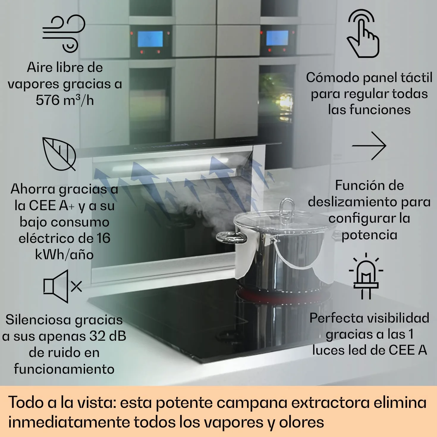Klarstein Campana Extractora 60 cm - A++ Eficiencia Energética, 576 M³/H De Caudal De Aire, 51 dB, Touch-To-Slide, Acero Inoxidable & Vidrio, Iluminación Led, Diseño Retráctil, Extractor Cocina