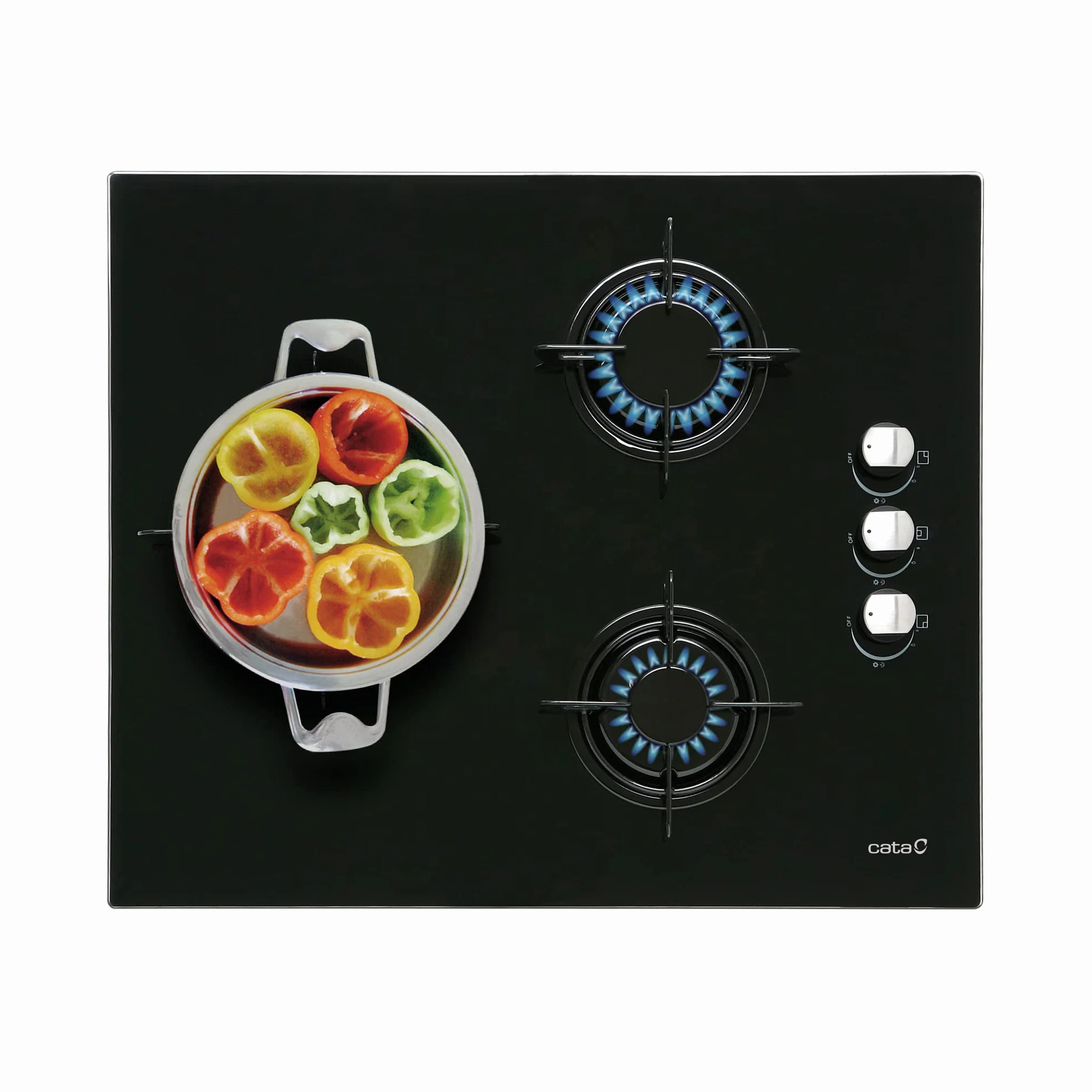 Cata Placa Cristal Gas CIB 6021 BK 3 Fuegos 59 cm Encimera Gas Butano Cristal Negro