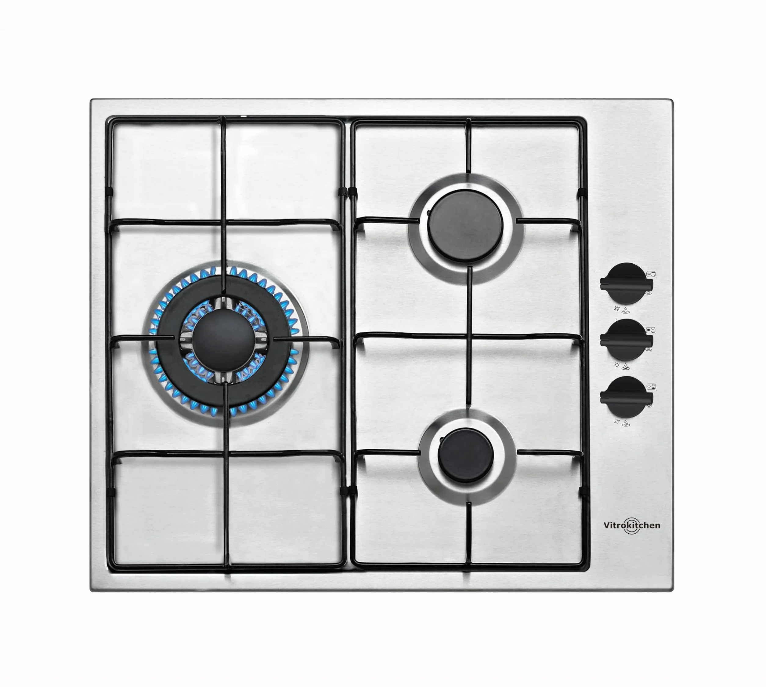 Vitrokitchen EN605LIB - Placa de Gas Butano 3 fuegos con encendido electrónico, acero inoxidable, seguridad Gas-Stop, 60cm
