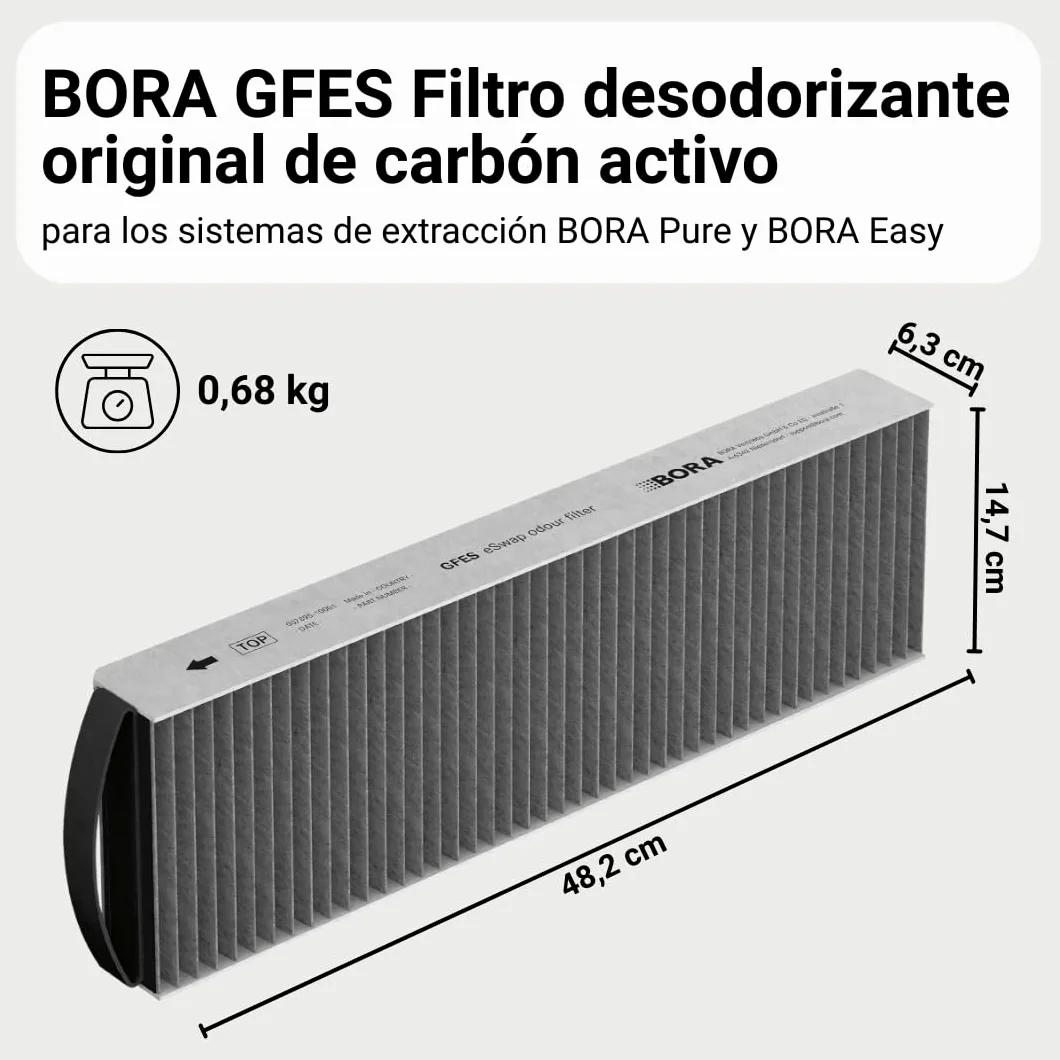 BORA GFES - Filtro de carbón activo original para campana extractora BORA Pure & Easy, accesorio de repuesto, filtro de recirculación, reducción de olores, reemplazo del filtro sin herramientas, vida