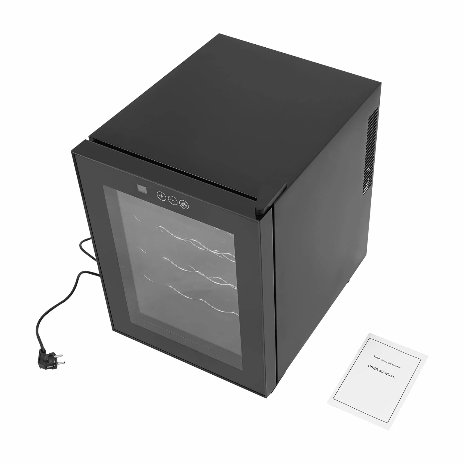 Nevera para vino, 20 botellas, 48 L, iluminación LED, enfriador de vino, pantalla táctil, puerta de cristal reforzada, vino independiente, rango de temperatura 12 – 18 °C, 50,2 x 40 x 53 cm
