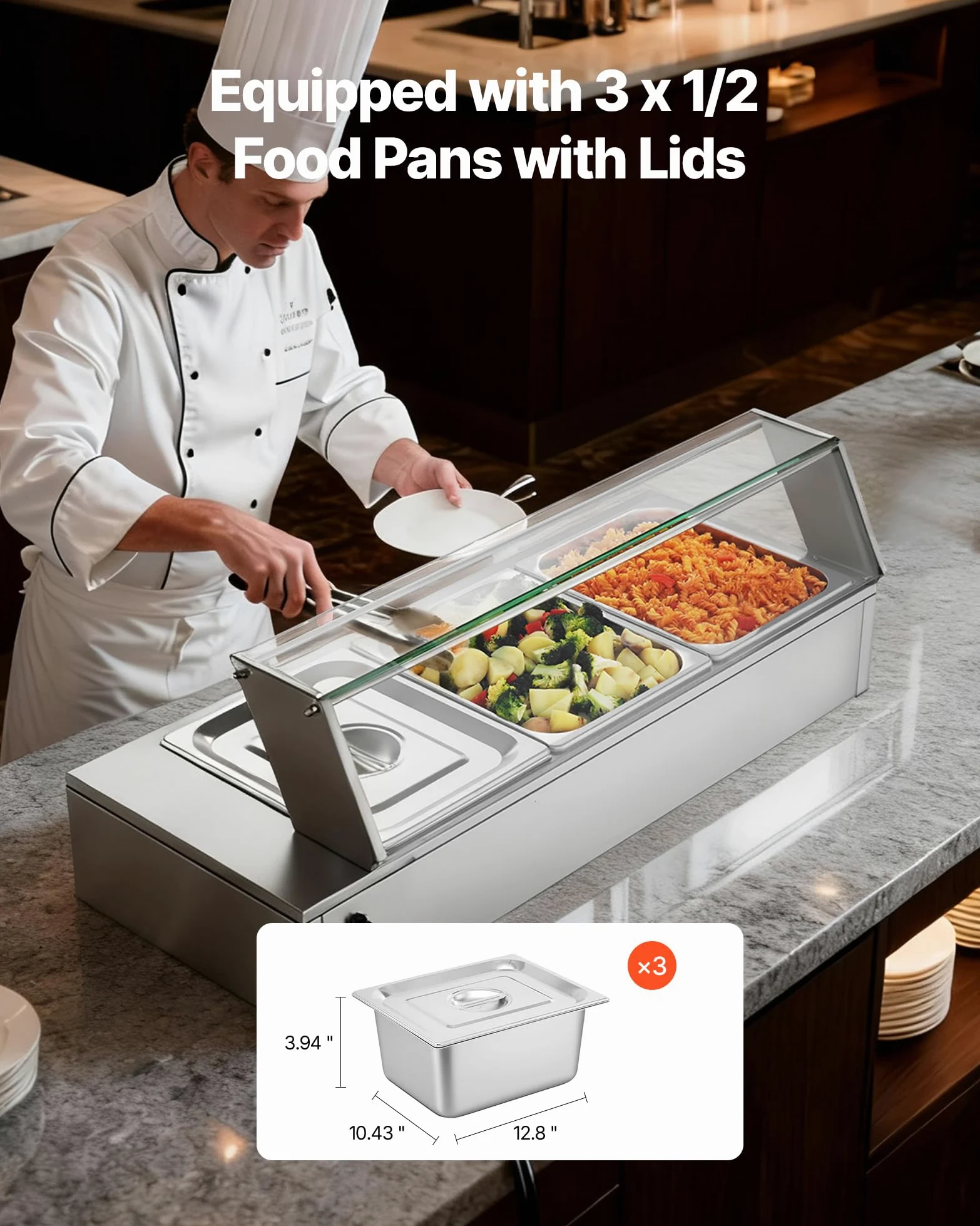 VEVOR Calentador de Alimentos, Tapa de Vidrio y 3 Recipientes,1,5 kW, Acero Inoxidable, Baño María, Estación de Calentamiento de Alimentos para Restaurantes, Fiestas y Buffets, 920 x 365 x 335 mm
