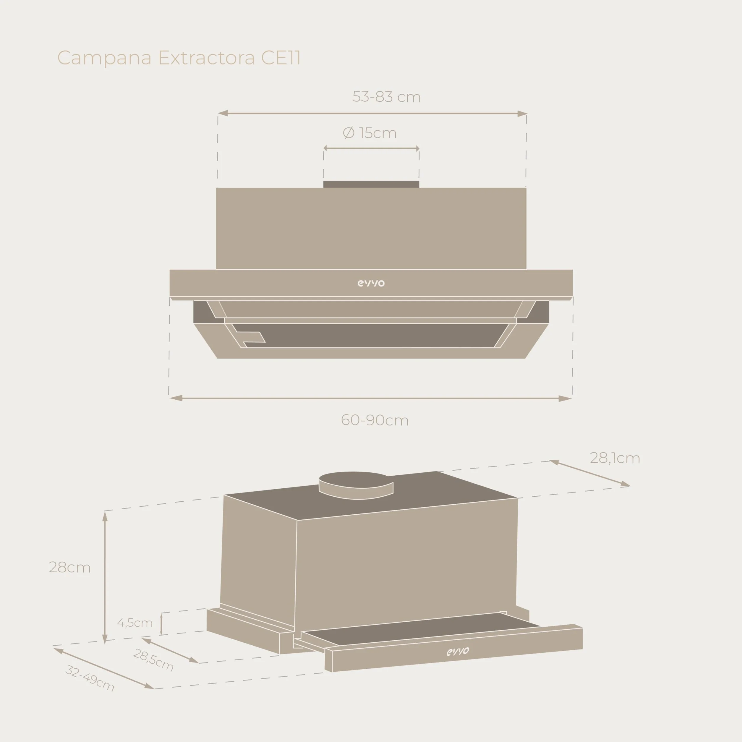 EVVO Campana Extractora 60 cm Telescópica, Potencia 550 m³/h, Luz LED, Filtro Aluminio y Carbon, Control Gestual, Acabado Inox Frontal Cristal Negro, Eficiencia Energética A++, 3 Velocidades