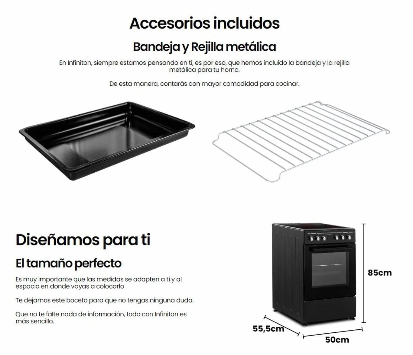 INFINITON Cocina con Horno CC-B550V3, Vitroceramica 3 Zonas, Horno Electrico 43 L, 6 Niveles de Potencia, Grill, Doble Acristalamiento, A, Negro