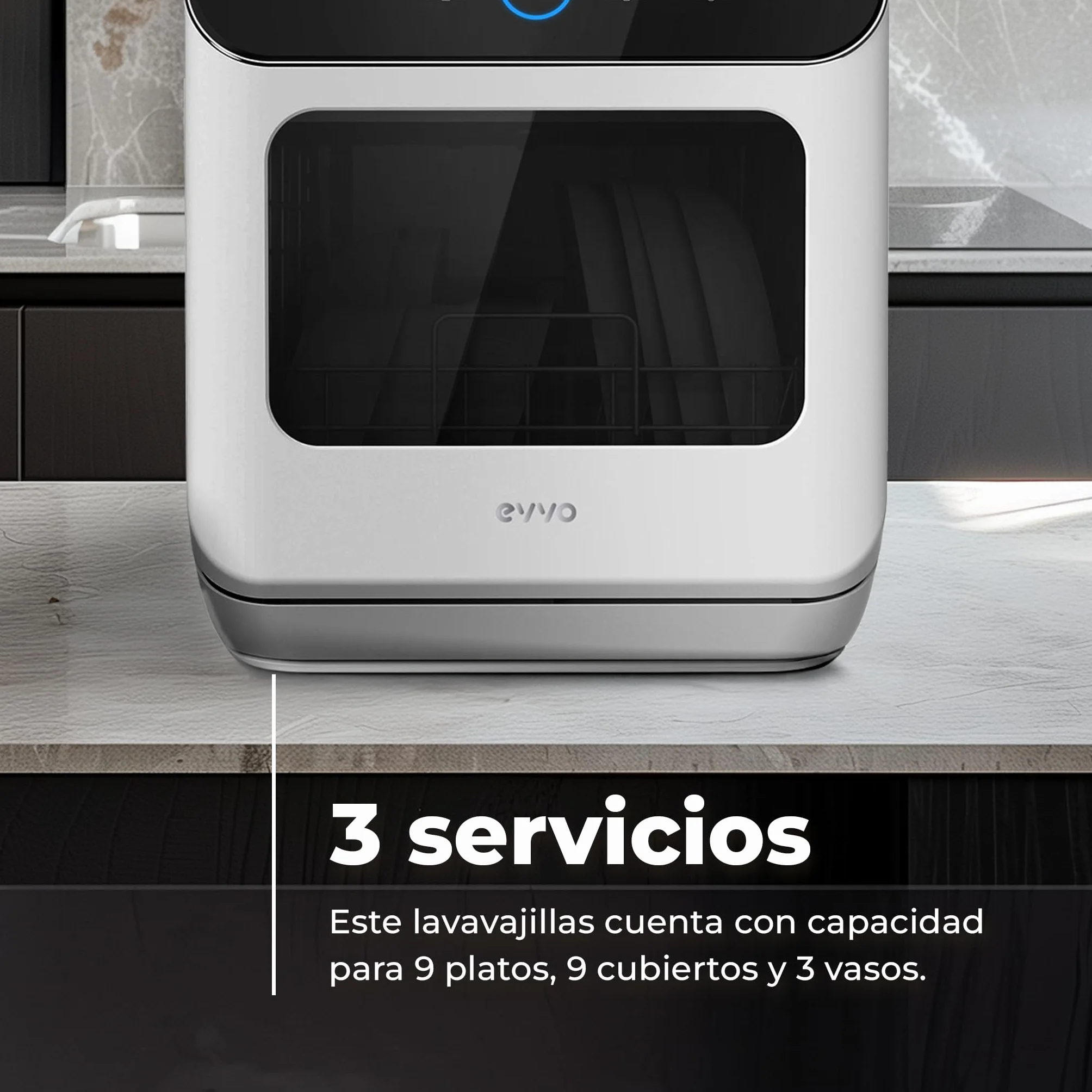 EVVO Lavavajillas Tamaño Pequeño Compacto y Sin Instalación, Para Sobremesa o Encimera, 3 Servicios, 6 Pogramas, Secado Extra, Programa ECO, Programa Autolavado, Programable, Mini D Trip 2 (Blanco)