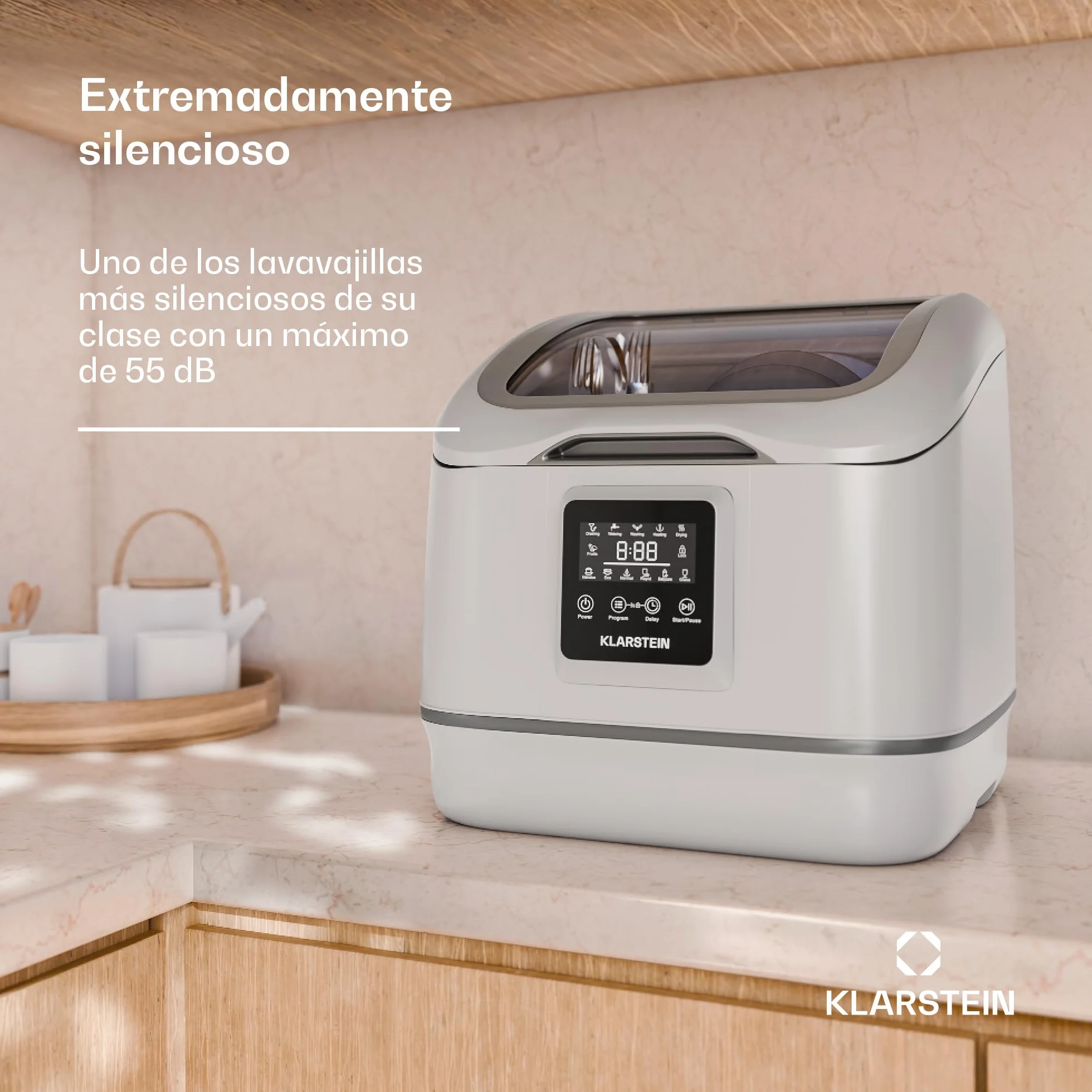 Klarstein SilentScrub lavavajillas encimera portátil compacto 3 cubiertos 7 programas pantalla táctil 55 dB