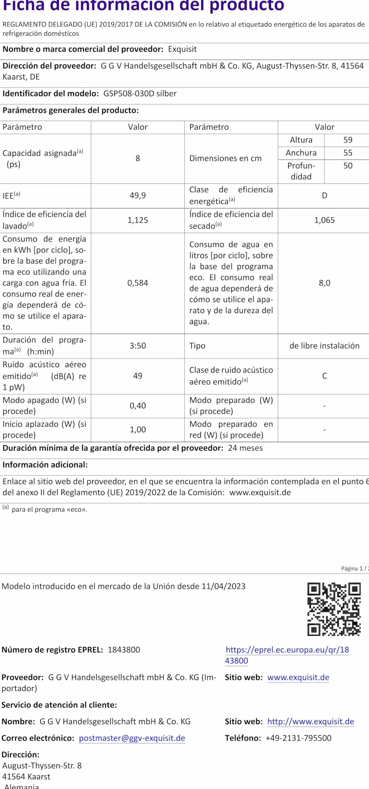 Exquisit® Lavavajillas Compacto 55cm, 8 Servicios, Plateado, Clase D, Apertura Automática, Secado Extra, 7 Programas, Display LED con Luz Interior, Medidas (59,0 x 55,0 x 50,0 cm)