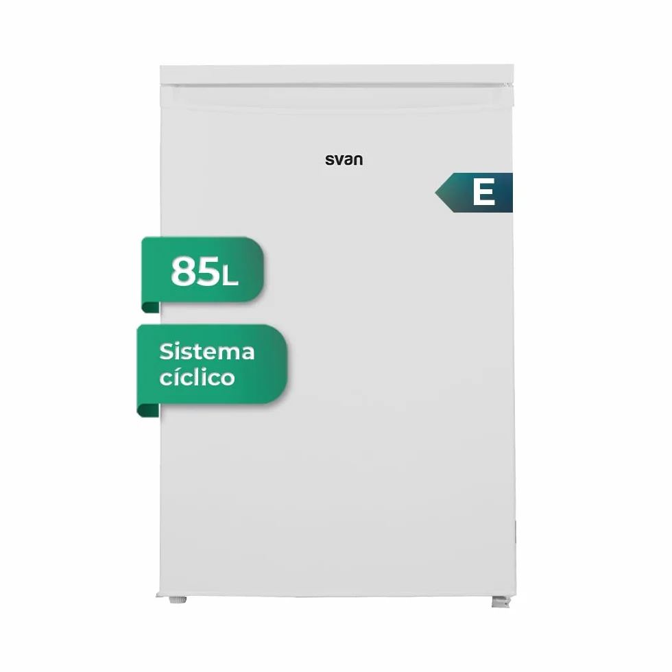 Svan Congelador vertical Blanco SCV855500E. Capacidad 85 Litros, Puerta Reversible, Bajo nivel Sonoro, Eficiencia Energética Clase E