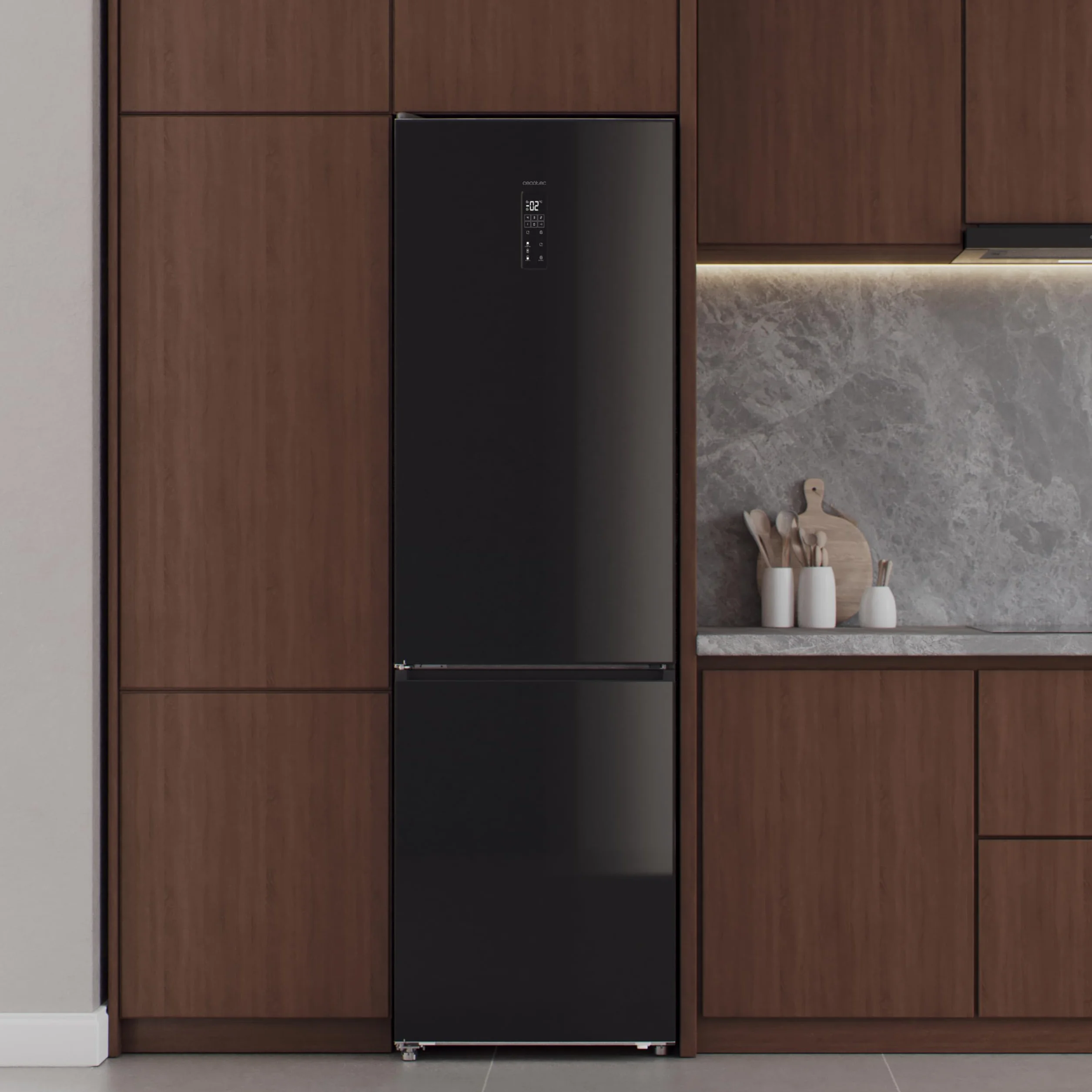 Cecotec Frigorífico Combi Total No Frost Bolero CoolMarket Combi 456 Black Glass E, 456 L, Alto 201 cm y 59,5 cm Ancho, MAX INSIDE con VIP tech, Compresor Inverter Plus, Botellero y Bandejas Cristal