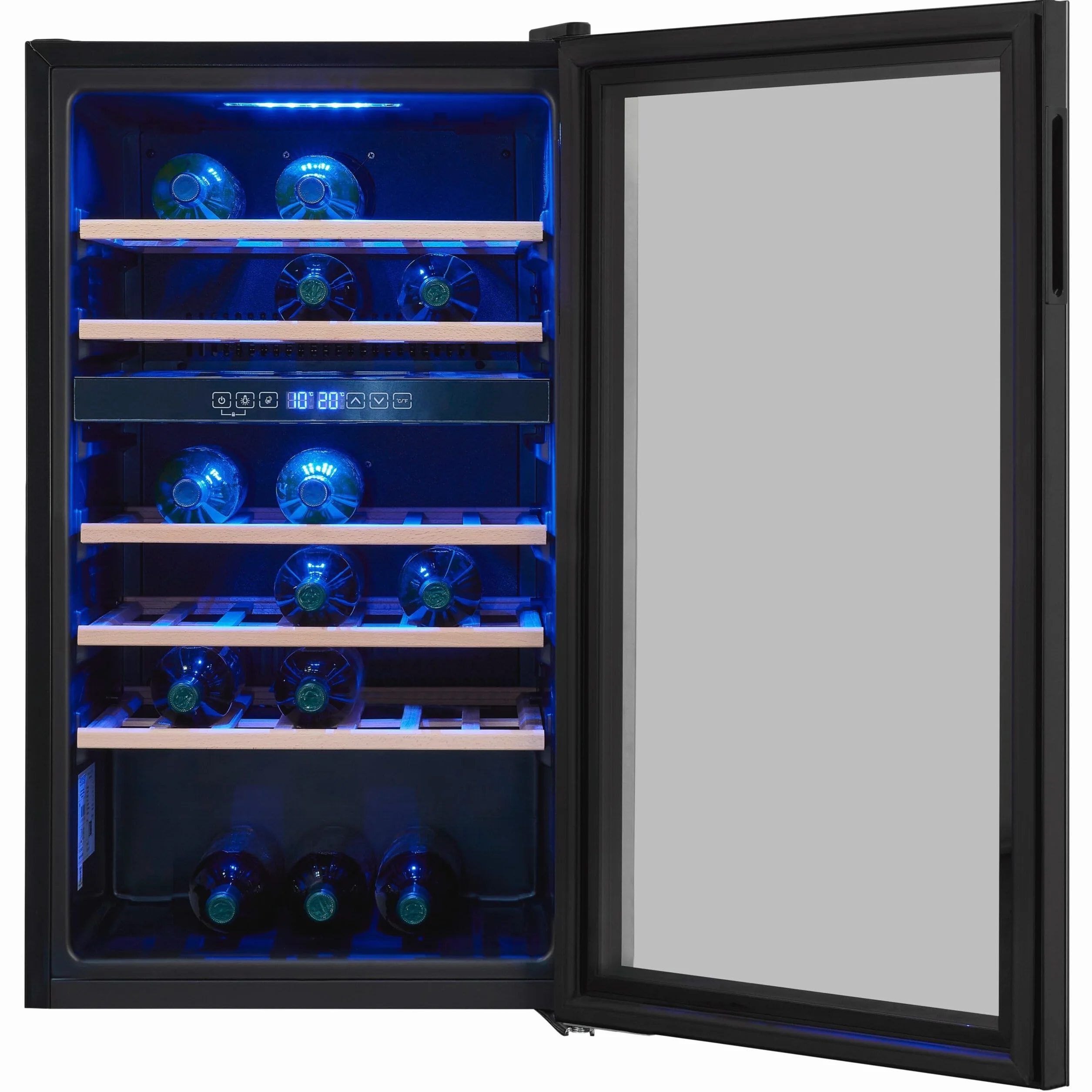 Exquisit® Vinoteca para 45 Botellas, 119L, Negro, Clase G, Dos Zonas de Temperatura 5-20°C, Control Digital LCD, Puerta Reversible de Cristal, Iluminación LED, Medidas (86,5 x 49,0 x 58,0 cm).