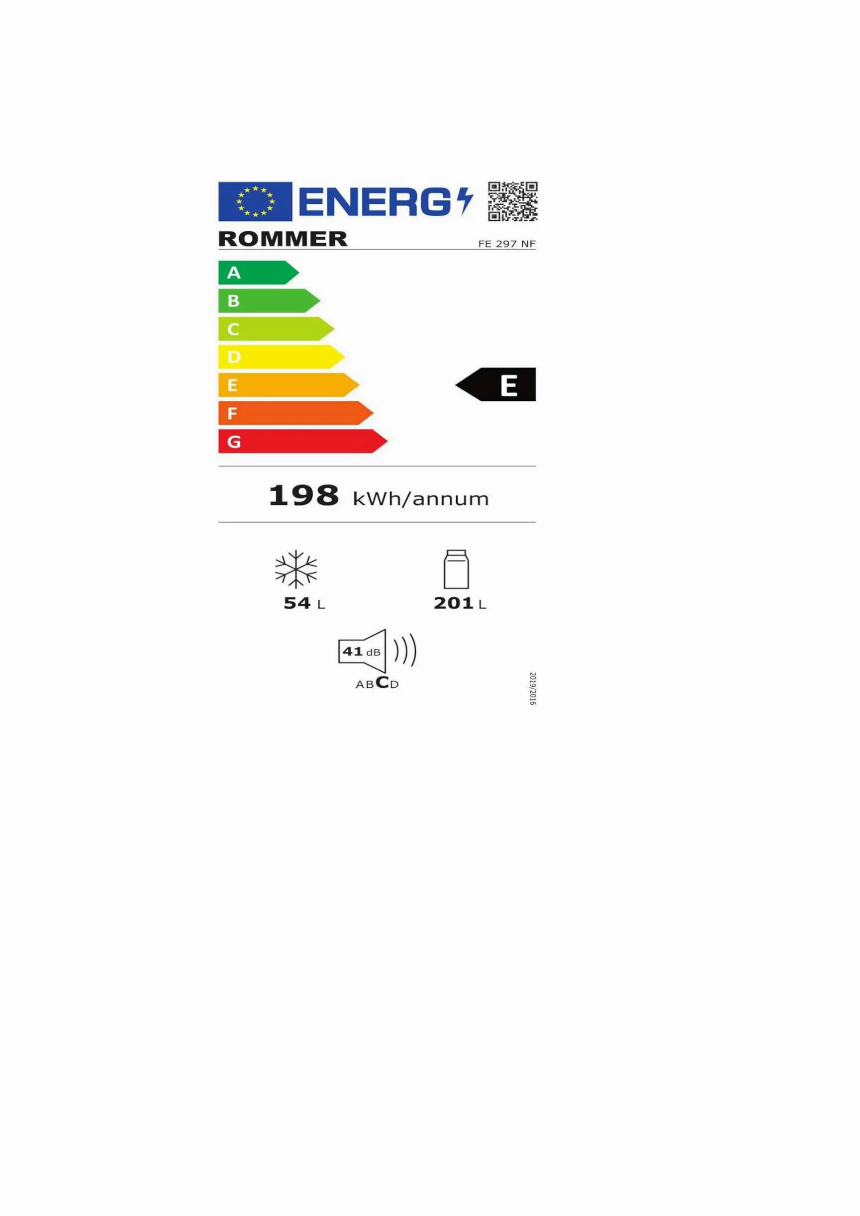 Rommer Figorifico FE 297 NF, Capacidad 255 litros, Blanco, No Frost