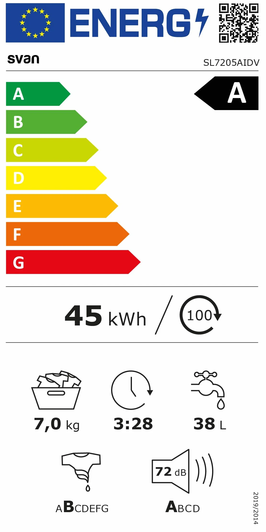 Svan Lavadora 7Kg Carga Frontal Blanco SL7205AIDV. 1600W, 1200rpm, Motor Inverter, 11 Programas, Función Stop&Go, Tambor Diamante, Clase de Eficiencia Energética A