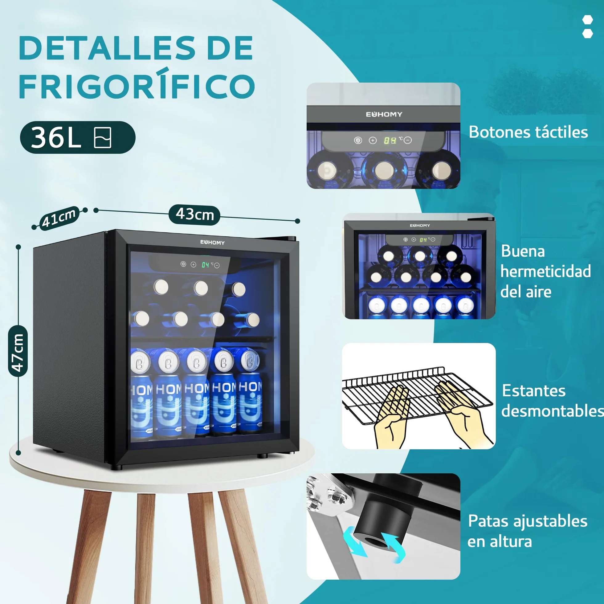 EUHOMY Frigorífico para Bebidas, Mini Frigorifico con Puerta de Cristal, Nevera Pequeña, Refrigerador de Sobremesa para 55 Latas, Mini Fridge para Oficina, 36 Litros, Mini Nevera de Bajo Ruido, Negro