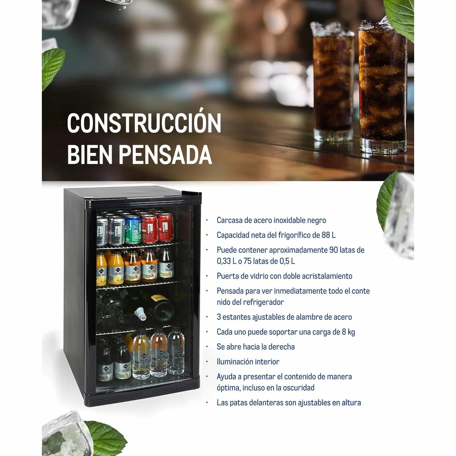 METRO Professional Mini Frigorífico GPC 1088, nevera pequeña con puerta de cristal, 88 L, negro, 1.052 kWh/24h, con estante ajustable para gastronomía, restaurant, tiendas
