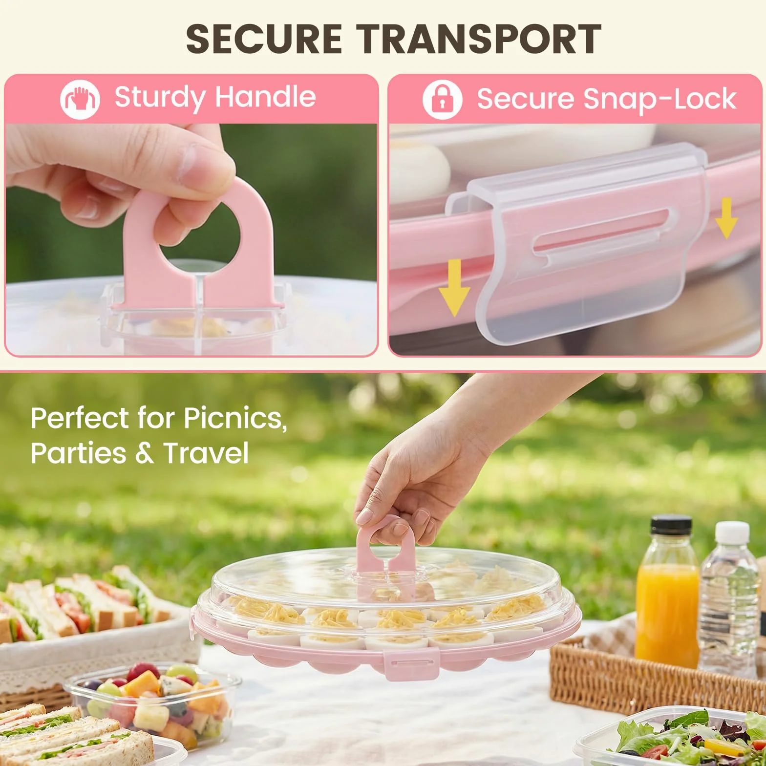 HANSGO Bandeja de huevos diablos, soporte redondo rosa para huevos con tapa, portador portátil para acampar, Pascua, señoras, cocina, refrigerador, 22 ranuras para huevos