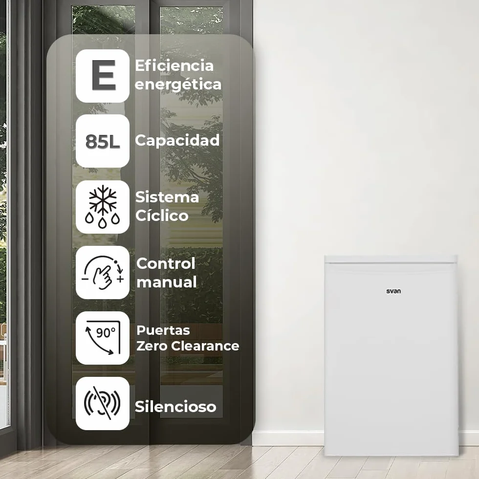 Svan Congelador vertical Blanco SCV855500E. Capacidad 85 Litros, Puerta Reversible, Bajo nivel Sonoro, Eficiencia Energética Clase E