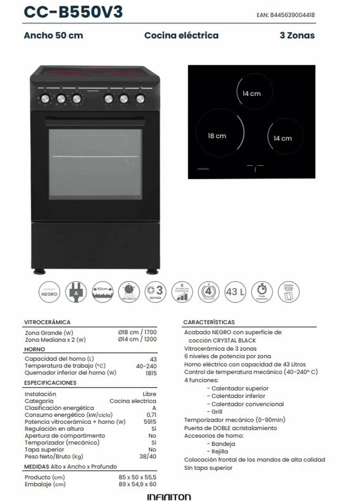 INFINITON Cocina con Horno CC-B550V3, Vitroceramica 3 Zonas, Horno Electrico 43 L, 6 Niveles de Potencia, Grill, Doble Acristalamiento, A, Negro