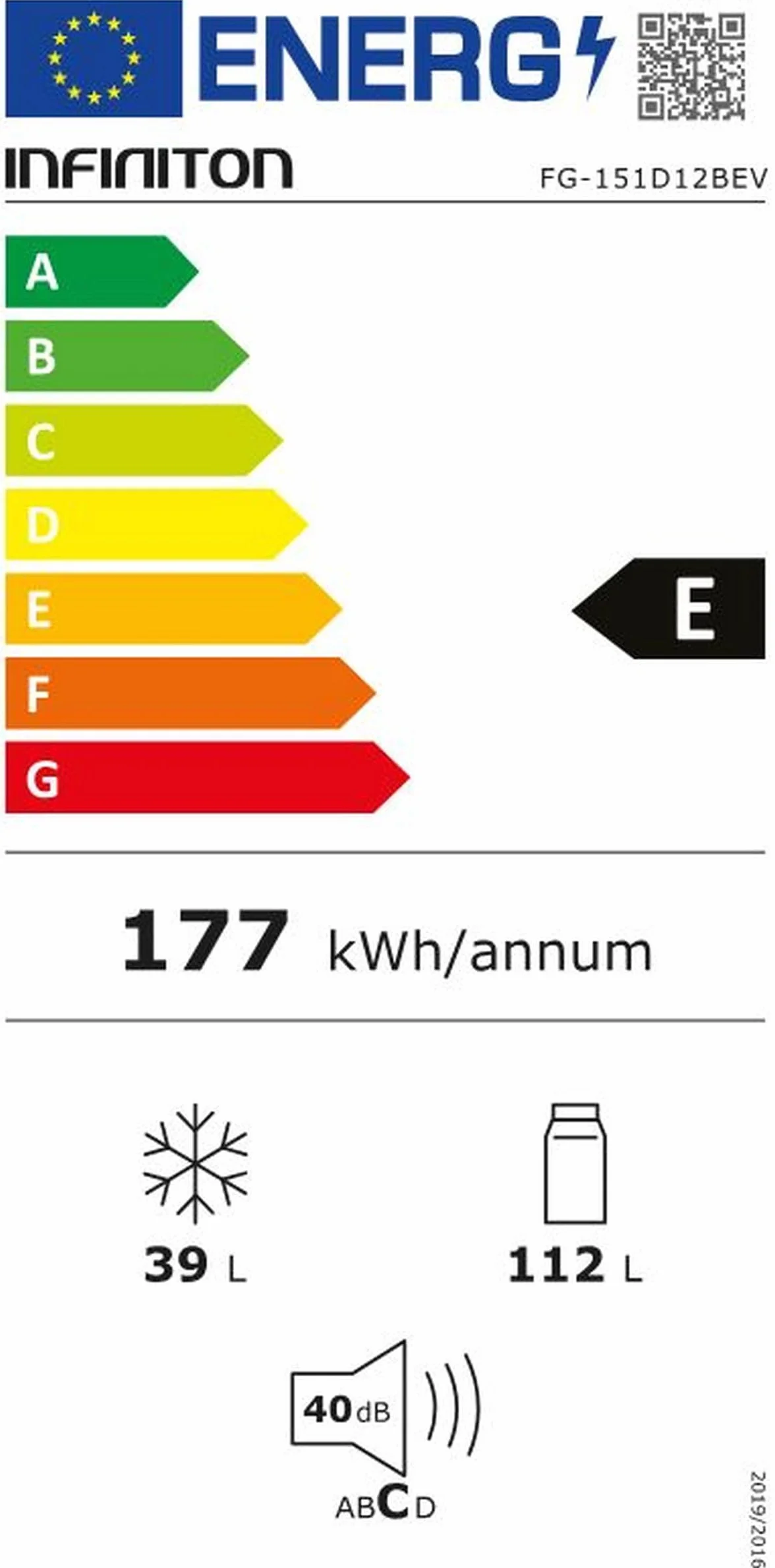 Frigorifico Dos Puertas Infiniton FG-151D12BEV, 151 Litros, 122 cm de Altura, Ancho de 50 cm, Ciclico, LED Interior, Regulación en altura, E, Blanco