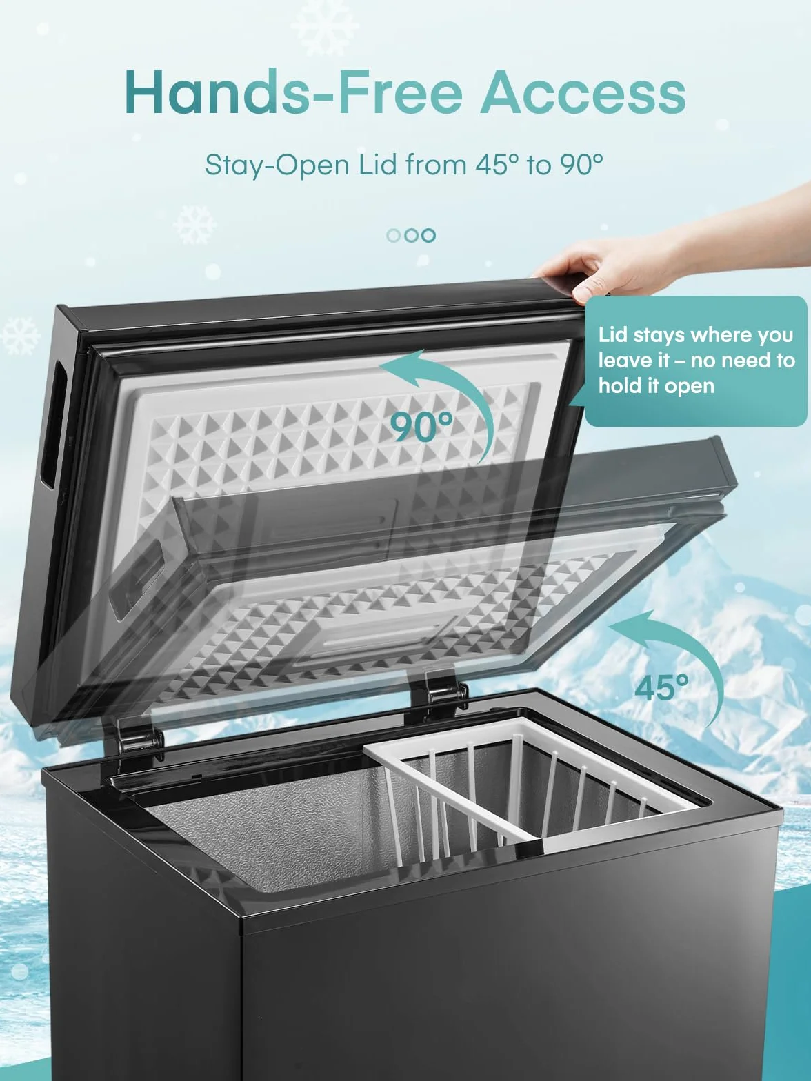 FOHERE Congelador Horizontal, Capacidad 70L, Alto 72.5 cm, Cesta con Asa, Silencioso 45 dBA, 6 Ajustes de Temperatura, Negro