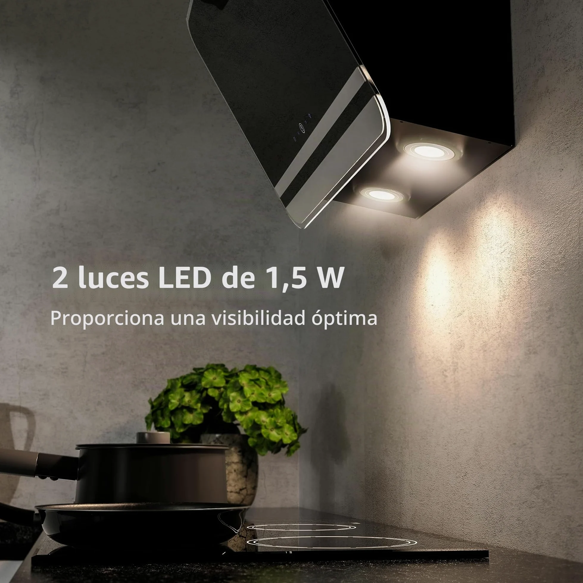 FIREGAS Campana extractora 60cm, Extractor inclinado, Motor sin escobillas, Bajo Consumo, 9 velocidades, 578m³/h, LEDs, Recirculante y Extracción, Incluye filtro de carbón