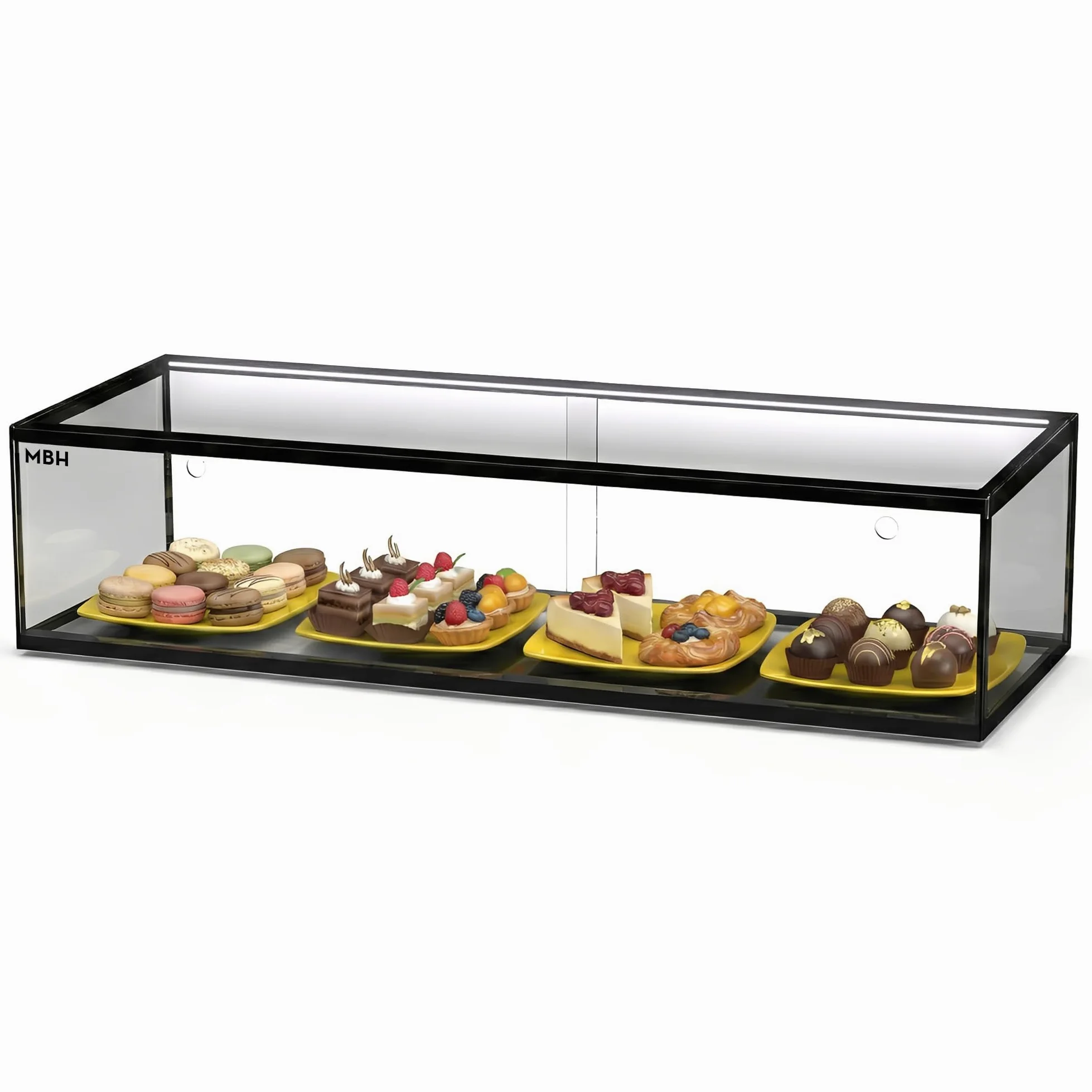 MBH - Vitrina Expositora Neutra de Sobremostrador 92x33 cm, Cristal Recto Templado, 1 Piso, con Iluminación LED, Puertas Traseras Correderas, para Bar, Cafetería, Restaurante, Bollería y Repostería.