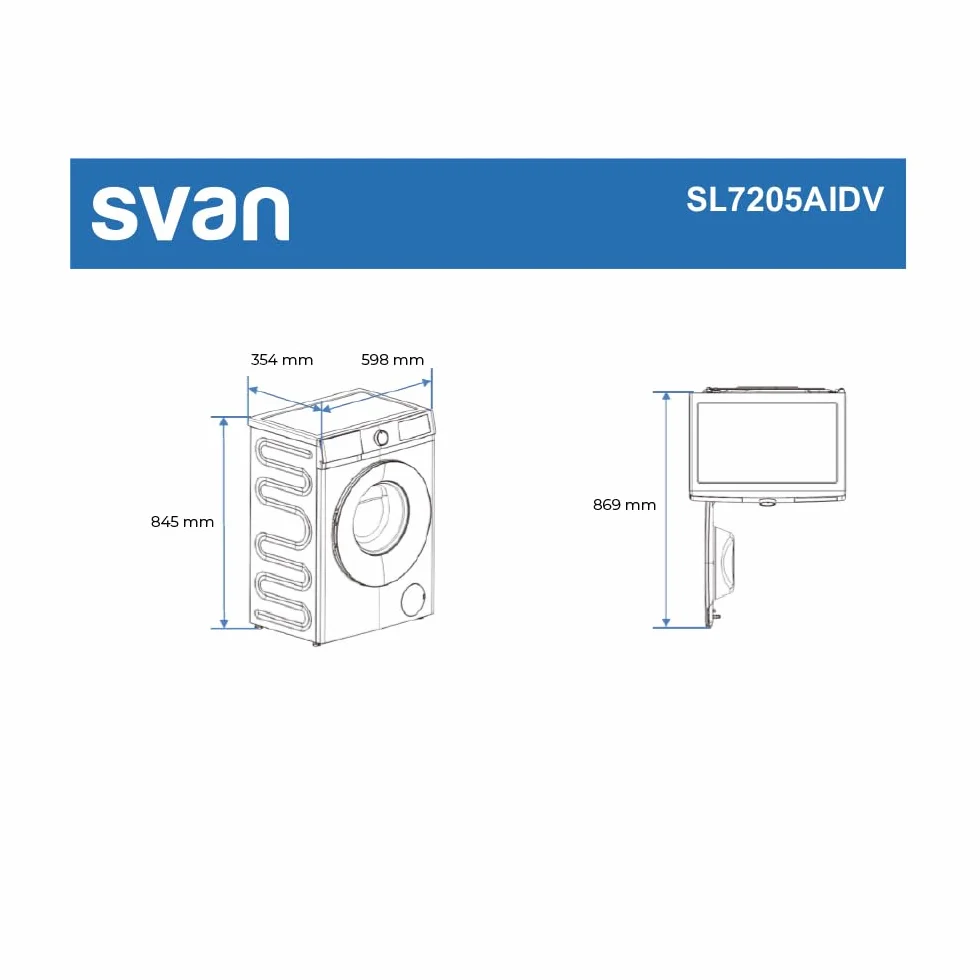 Svan Lavadora 7Kg Carga Frontal Blanco SL7205AIDV. 1600W, 1200rpm, Motor Inverter, 11 Programas, Función Stop&Go, Tambor Diamante, Clase de Eficiencia Energética A