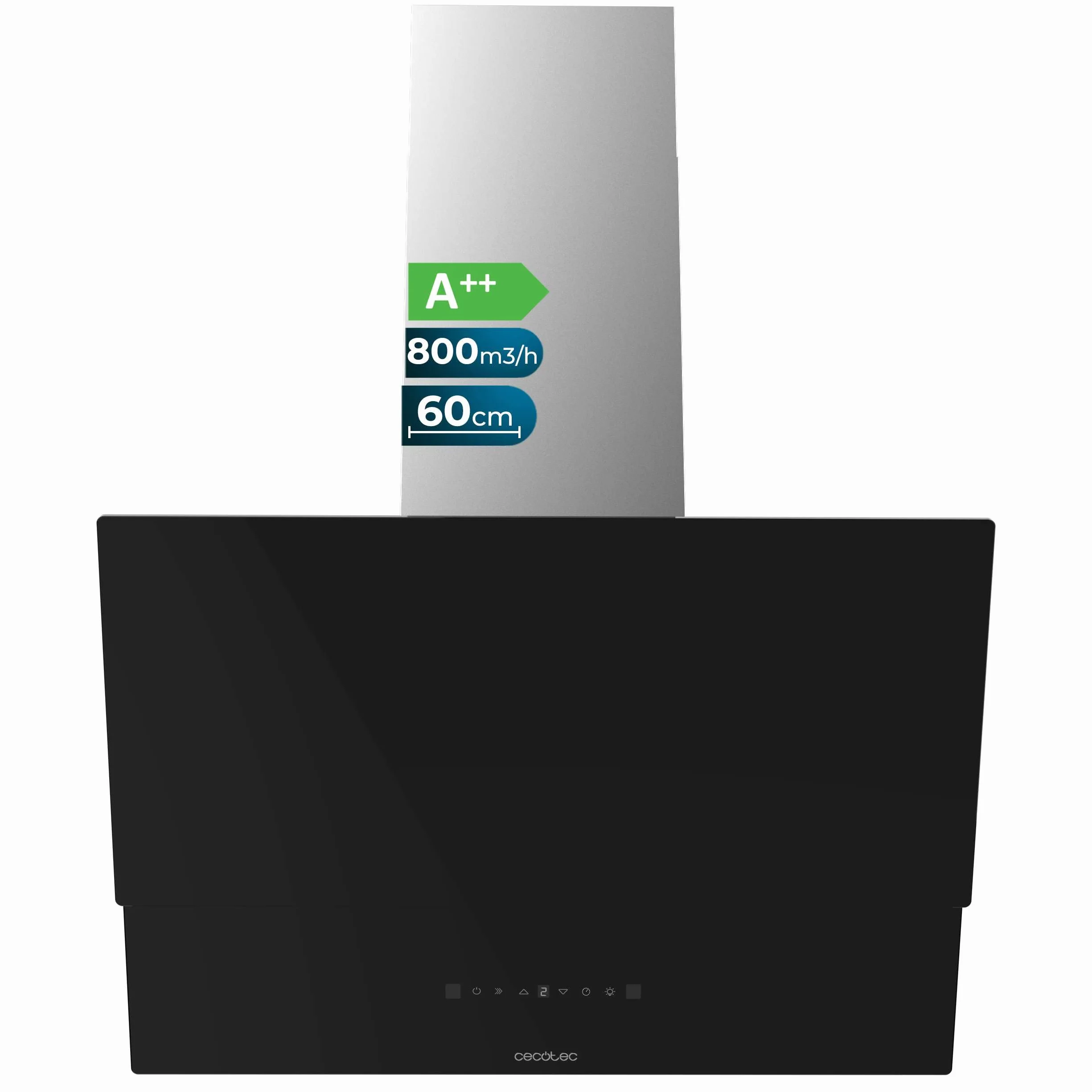 Cecotec Campana Extractora Decorativa 60 cm Bolero Flux DT 608001 Glass Black A++, 210W, Iluminación LED, Succión 800m3/h, Control Táctil, 3 Niveles, Filtro Carbono, Hand Movement, Delay Function