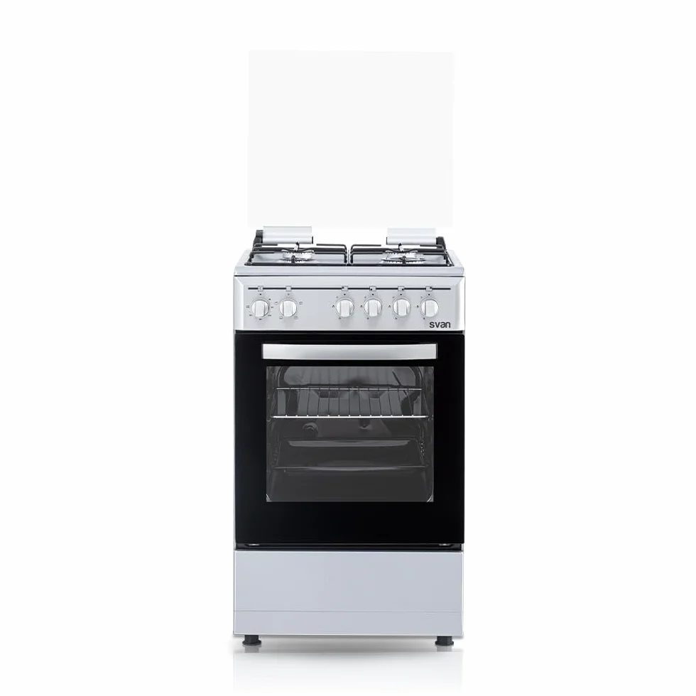 Svan Cocina Mixta Gas Butano 4 Zonas de Cocción, Horno 48 L, Inox SKM4501X. Control Manual, 5 Programas de Cocción, Cristal en Puerta de Doble Capa, Tapa Abatible