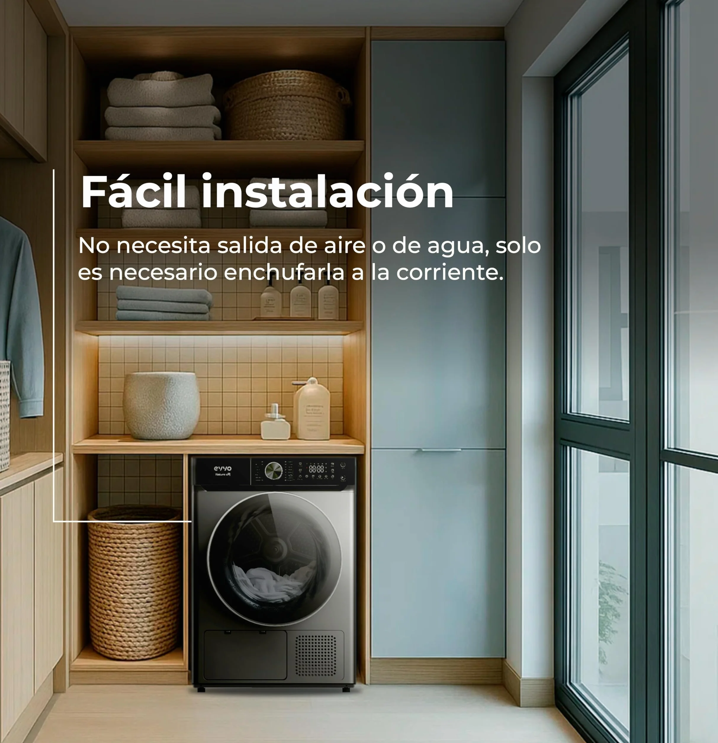 EVVO Secadora Bomba de Calor NATURE SR - Secadora Bomba Calor 10 kg, Eficiencia Energética E, Sensor de Humedad, Antiarrugas, 16 Programas, Inicio Diferido, Airfresh, Bajo Consumo Energético (Inox)