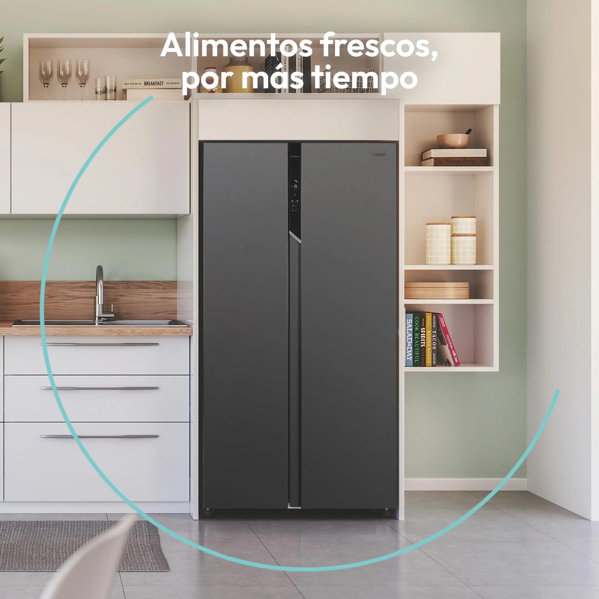 Candy CHSVN-174X, Frigorífico Side by Side, Ancho 91cm, Capacidad 532L, Inverter, Total No Frost, 2 Cajones Verduleros, Control Externo Digital, Iluminación LED, Patas Ajustables, Ruedas, 39DB, Blanco