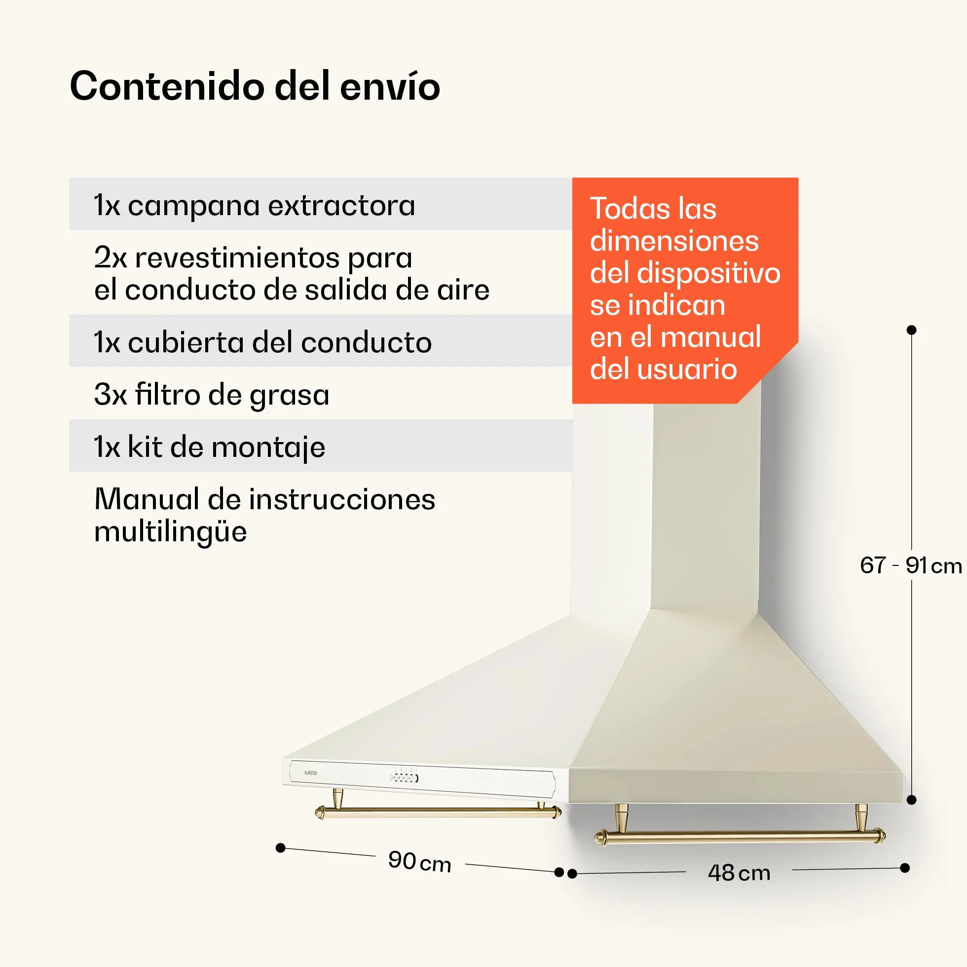 Klarstein Campana Extractora 90 cm, Extractor Cocina para Pared con Filtro Aluminio Antigrasa para Lavavajillas, Flujo Aire 645m³/h, Luces LEDs, Campanas de Cocina, Extractores con Montaje de Pared