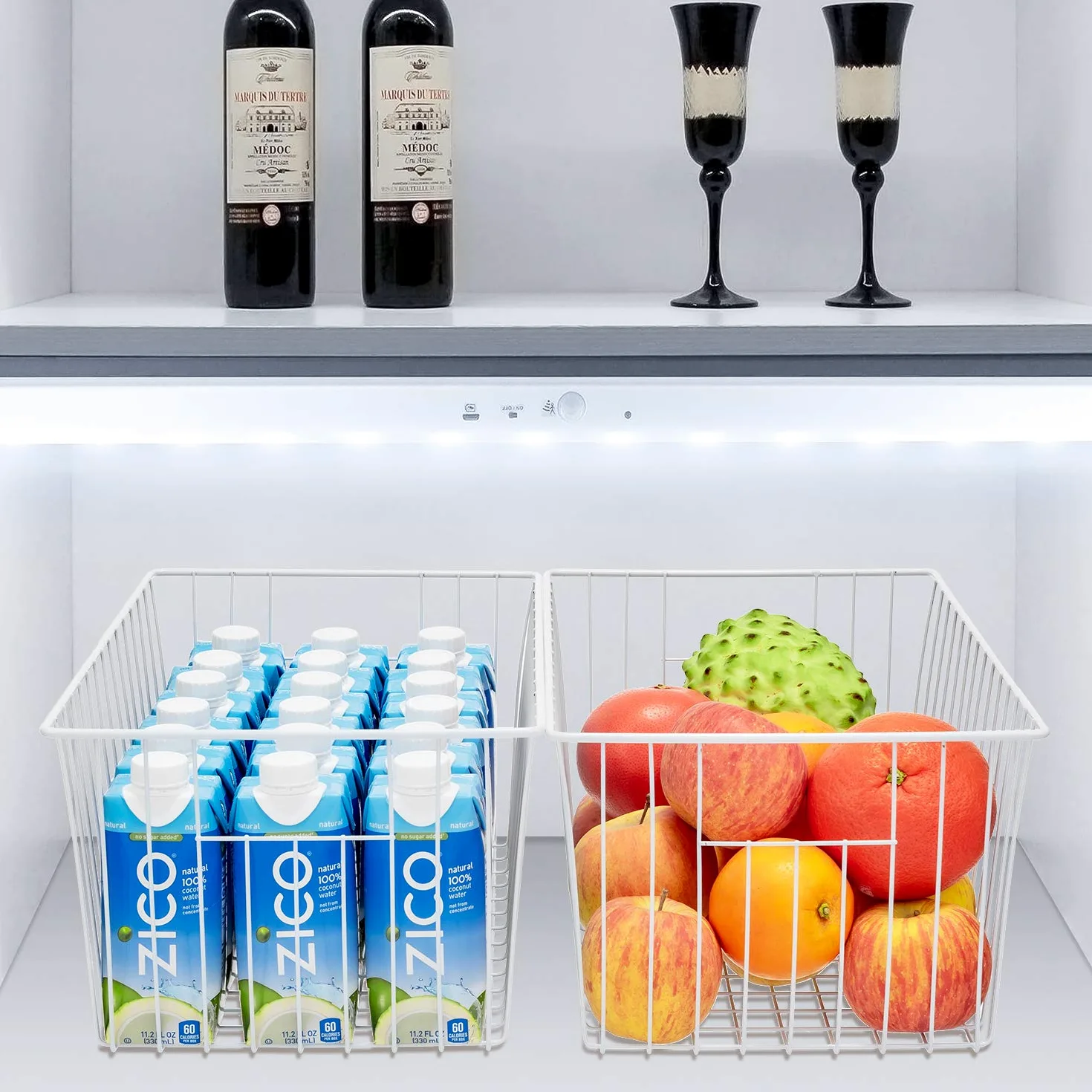 Contenedor organizador de congelador de 16 pulgadas de largo x 12 pulgadas de ancho x 6 pulgadas de alto, contenedores de almacenamiento de alambre de metal para refrigerador con asas para cocina,