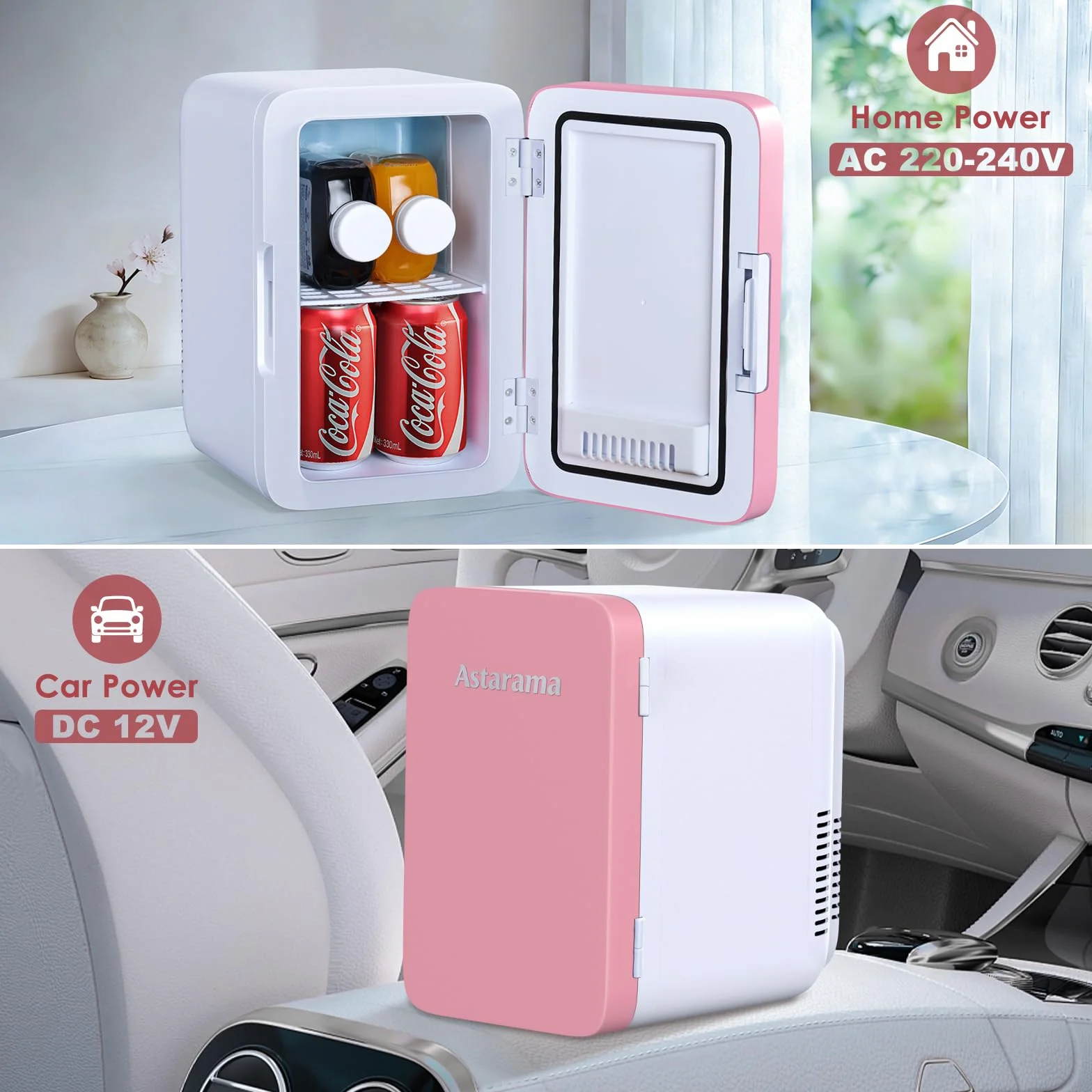 Astarama Nevera Pequeña,6 Litros/8 Latas, 220V AC/12V DC, Enfriador y Calentador Termoeléctrico, Mini Nevera Compatible Coche y Caravanas.Mini Frigorifico Para Bebidas, Cosméticos. (Rosa)