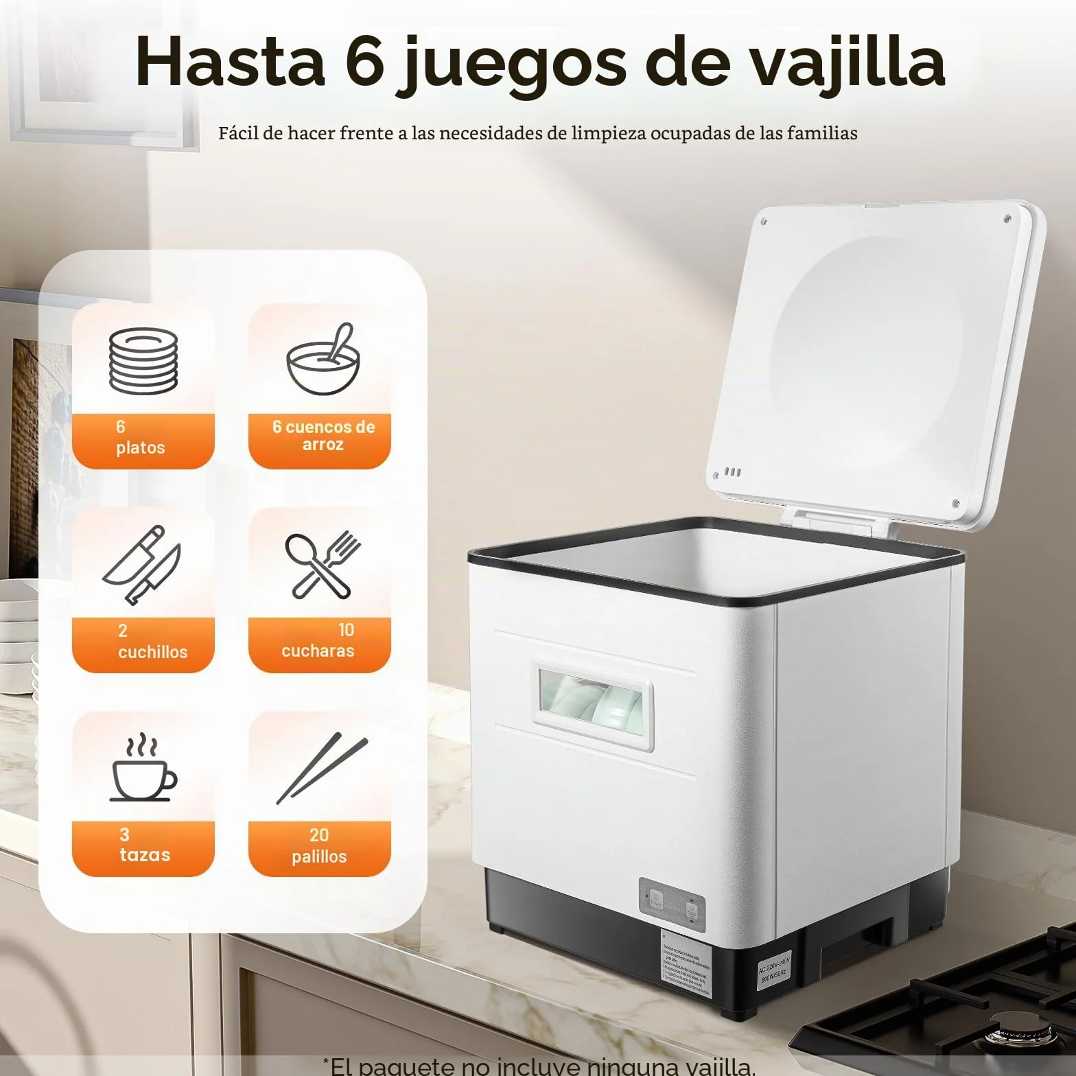 Mini lavavajillas de mesa blanco, 6 juegos de vajilla de capacidad, 55 dB silencioso, compacto con programa rápido y modo ECO, sin montaje, ideal para cocina/autocaravana