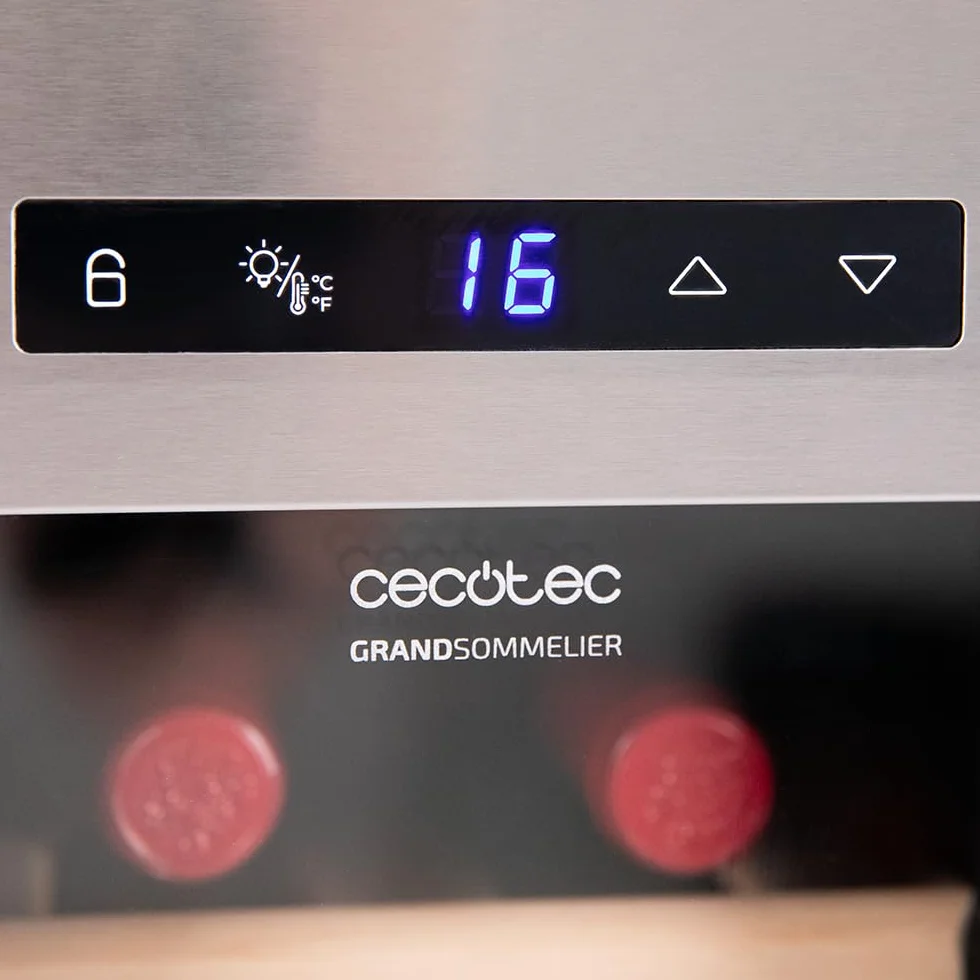Cecotec Vinoteca 12 Botellas Bolero GrandSommelier 1270 CoolWood. Nevera para Vino, Enfriamiento Termoeléctrico, Temperatura regulable y Luz LED interior, Diseño en Madera e Inox