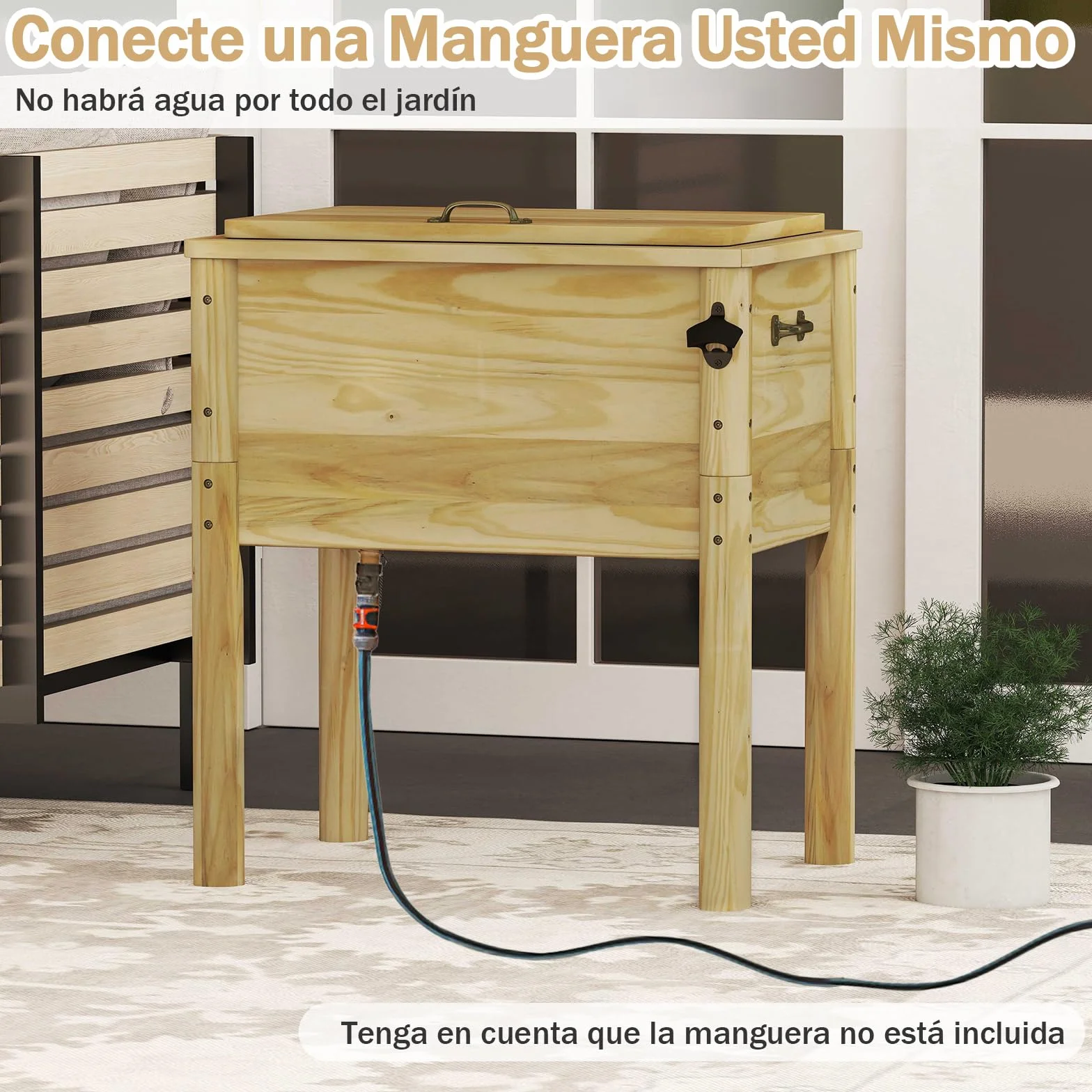 GOPLUS Nevera de Madera para Patio, Refrigerador de Bebidas de 51 L con Asas y Abridor de Botellas, Nevera de Hielo al Aire Libre para Fiesta, Patio, Junto a la Piscina y Barbacoa, Marrón Rústico
