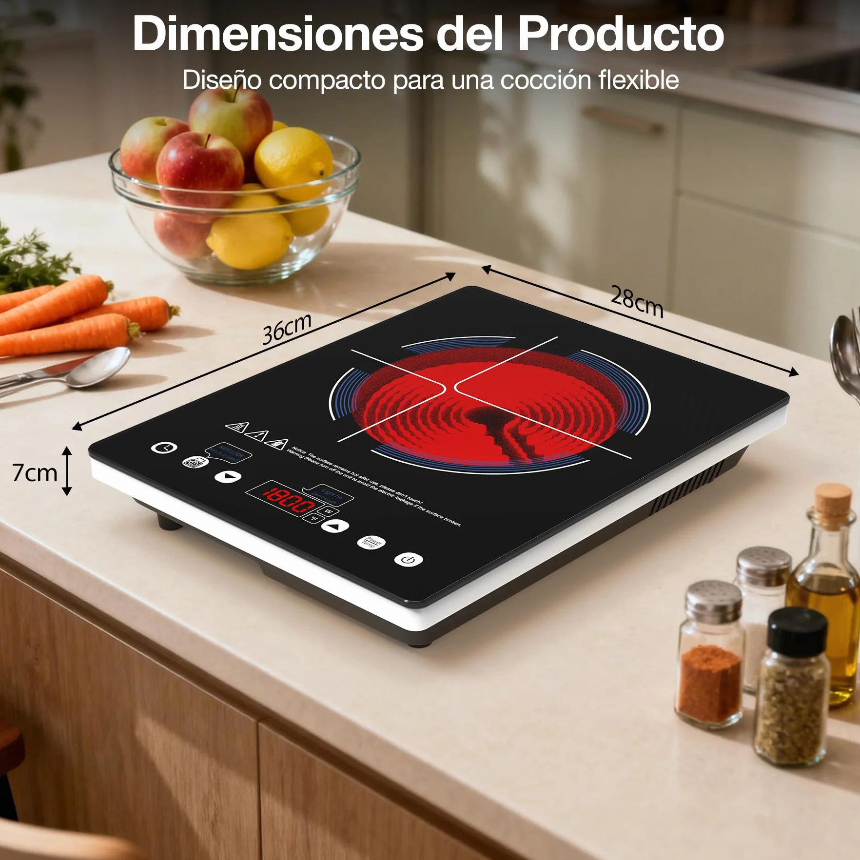Placa Vitrocerámica 1 Fuego 2000W: Hornillo Eléctrico Portátil con 10 Niveles de Potencia y Temperatura, Temporizador, Compatible con Todas las Ollas, ideal para camping, cocina y oficina