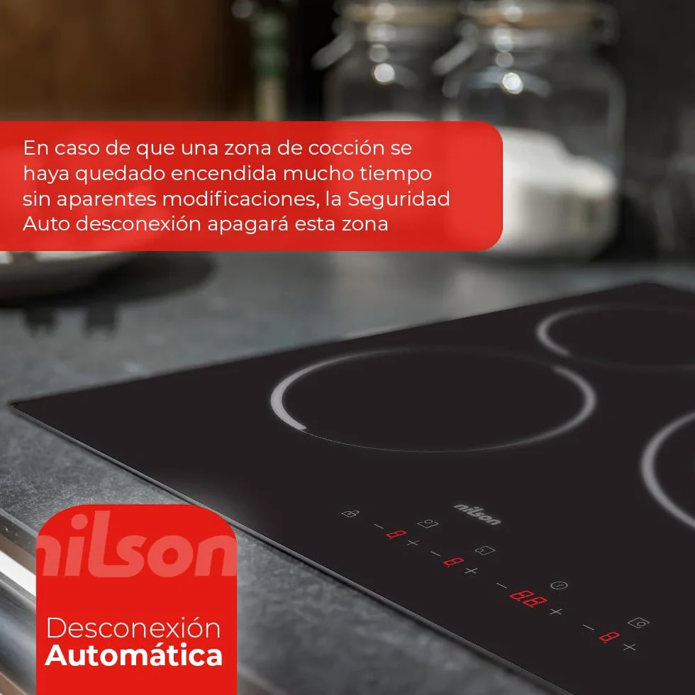 Nilson Placa Vitrocerámica Cristal Negro NV3600 5700W 3 Zonas Cocción 9 Niveles Control Táctil