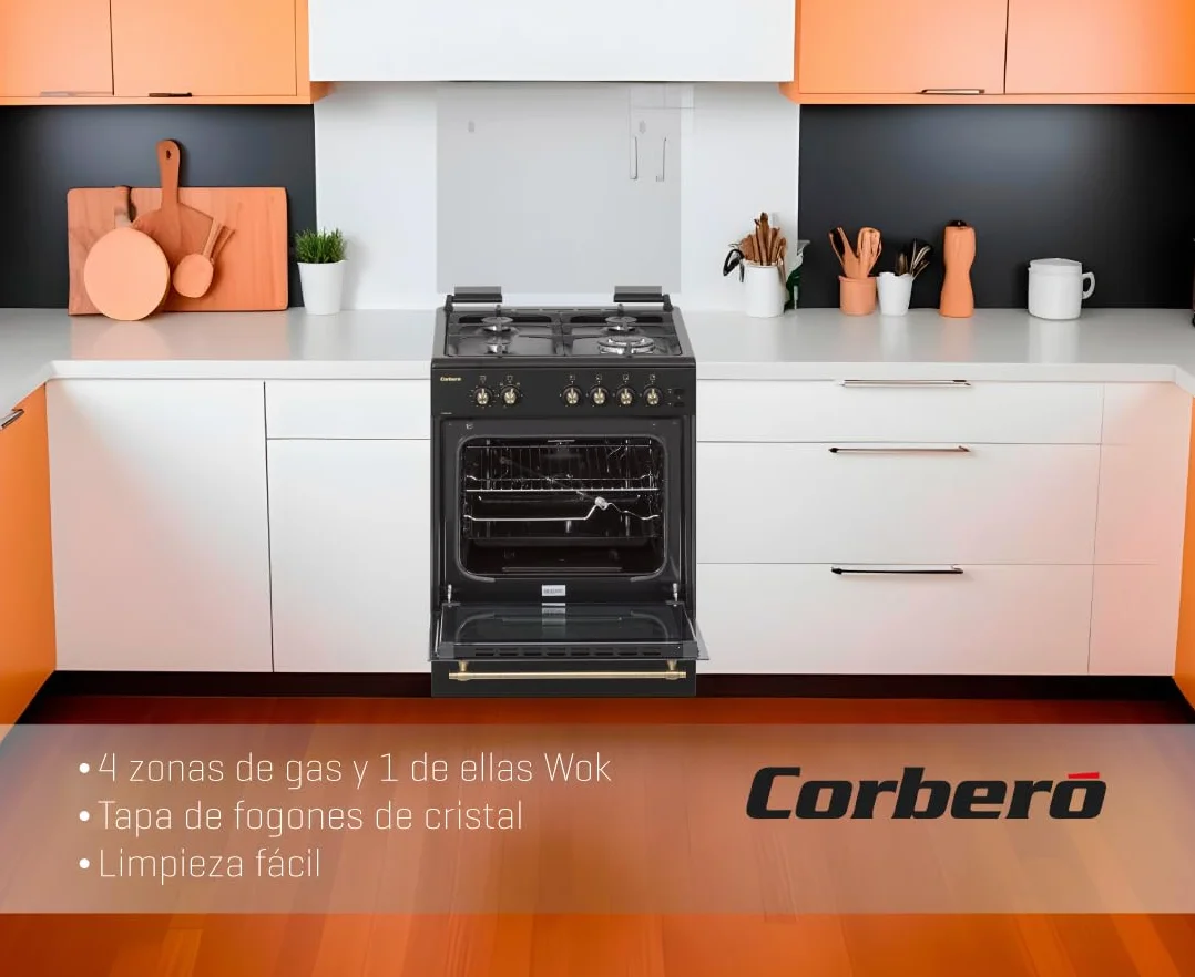 Corberó - Cocina de Gas Butano Excellence 60cm | CCSF6022NR | 4 Fuegos | Horno 55L con puerta triple cristal| Función Ruste pollos | Tapa Fogones Cristal| Wok con Quemado| Negro Rústica