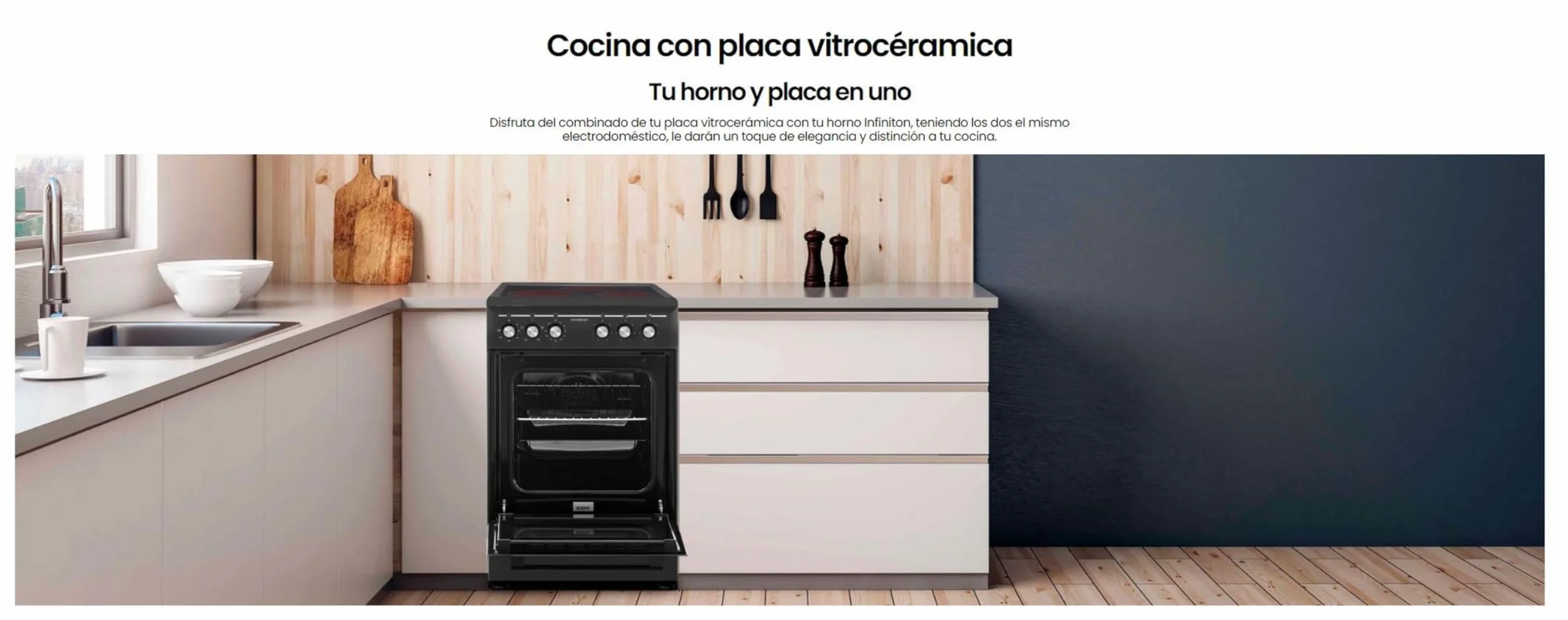 INFINITON Cocina con Horno CC-B550V3, Vitroceramica 3 Zonas, Horno Electrico 43 L, 6 Niveles de Potencia, Grill, Doble Acristalamiento, A, Negro
