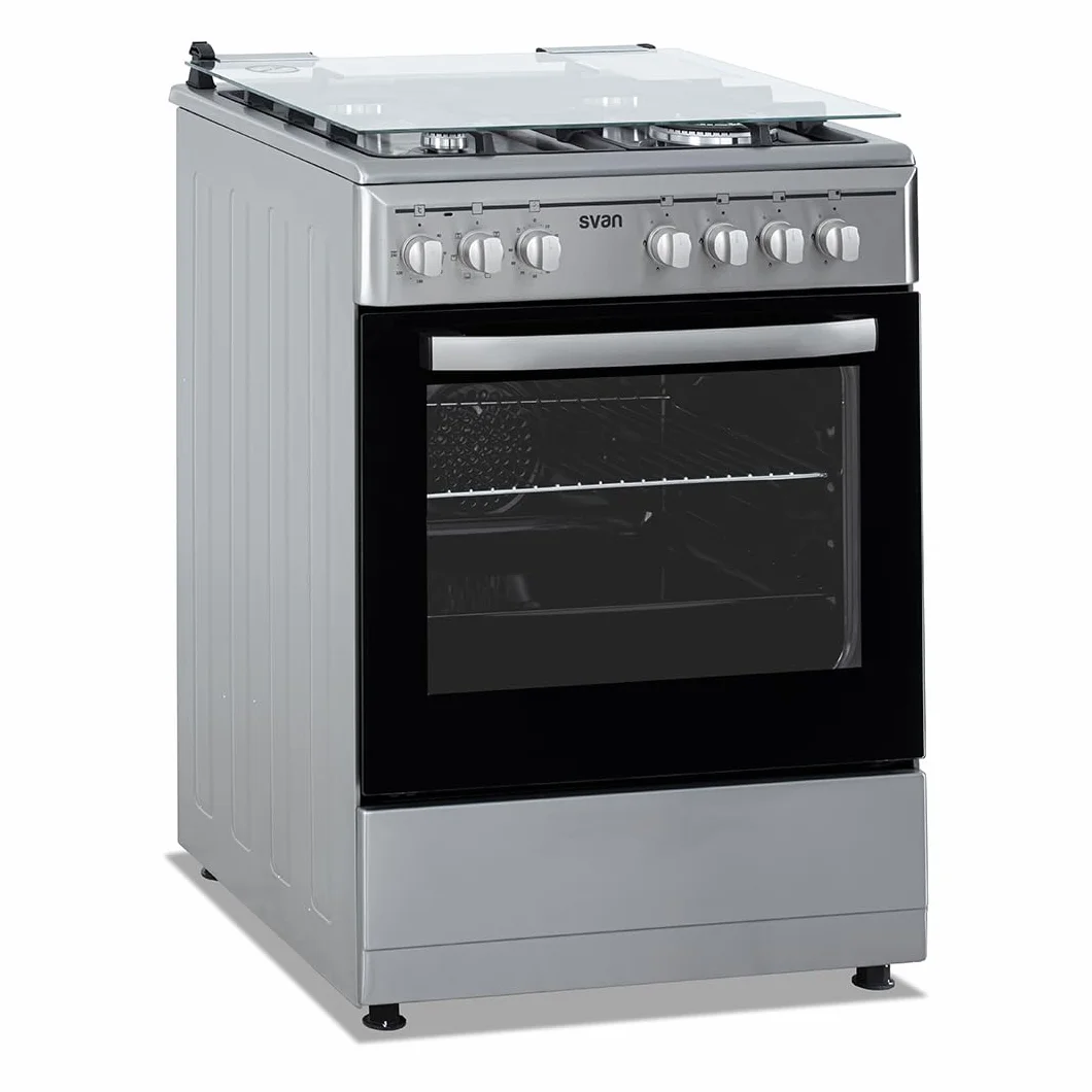 Svan Cocina Mixta Gas Butano, 4 Zonas de Cocción, Horno 56 L, Inox, SKMW4601X. Control Manual, Quemador WOK Triple Llama, 6 Programas de Cocción, Compartimento Bombona, Cristal en Puerta Doble Capa, T