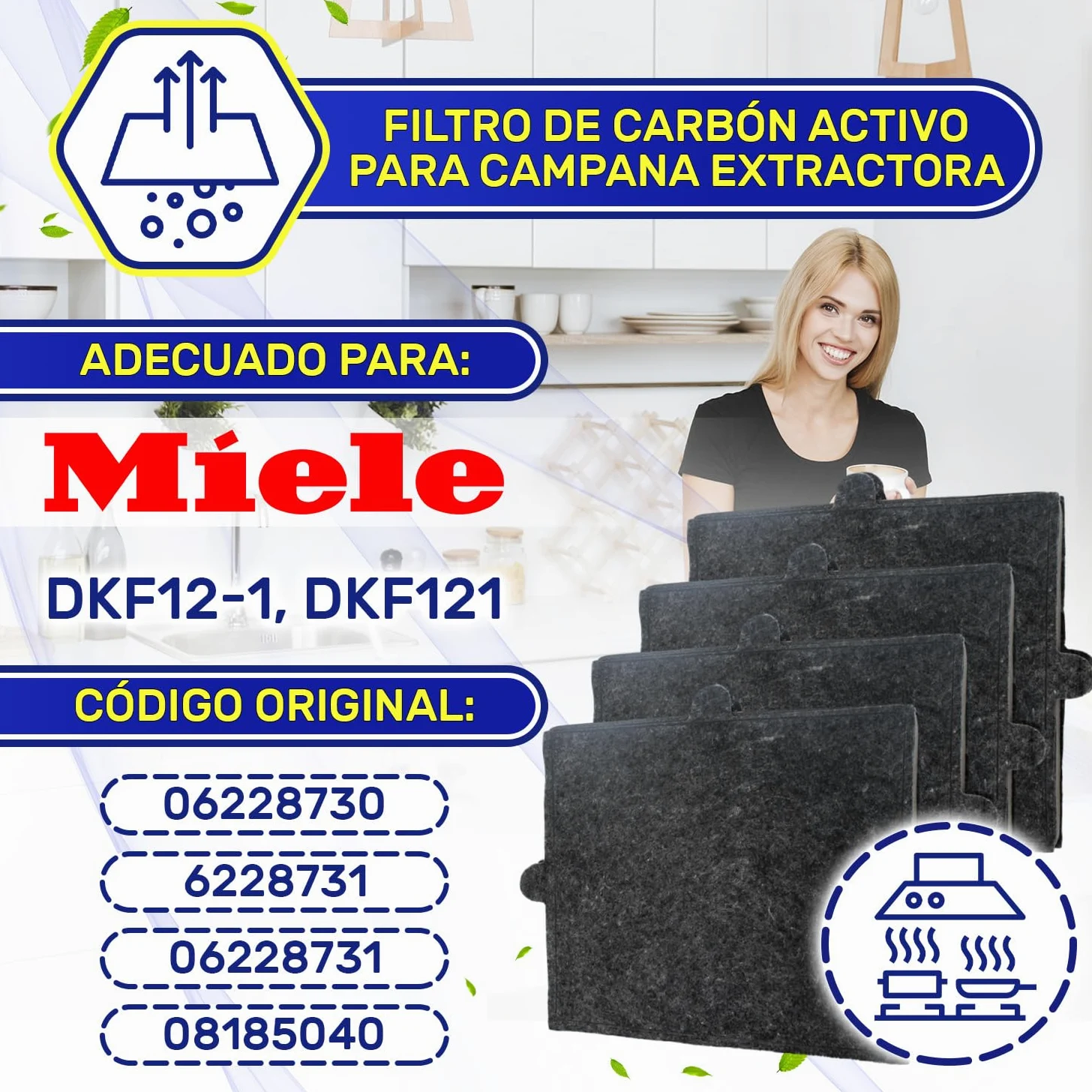 4 Piezas Filtro Carbon Activo para Campana Extractora modelos DKF12-1 DKF121 288x242x20 mm con Código Original 06228731 para Miele - MONTERAL