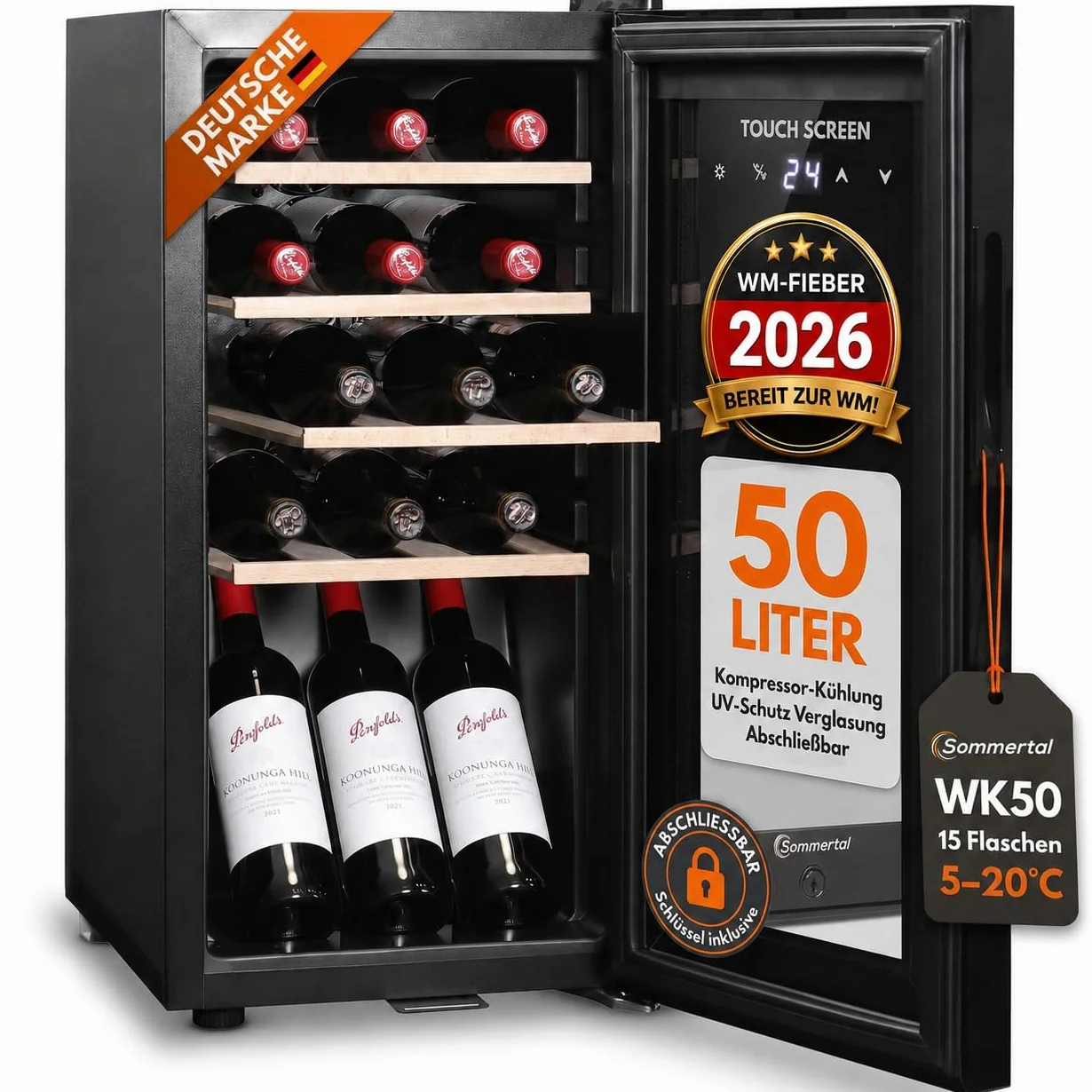 Sommertal WK50 - Nevera para vino con puerta de cristal (15 botellas, 5 – 20 ºC, ajustable, con cerradura, iluminación LED, puerta de cristal, pantalla táctil, 4 estantes de madera, silencioso, ahorro