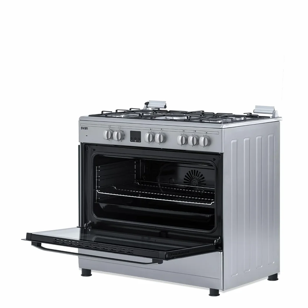 Svan Cocina Mixta gas Butano 5 Zonas de Cocción, Horno 97 L, Inox SKMW5901X. Control Manual, Quemador WOK triple llama, 9 Programas de Cocción, Tapa Abatible