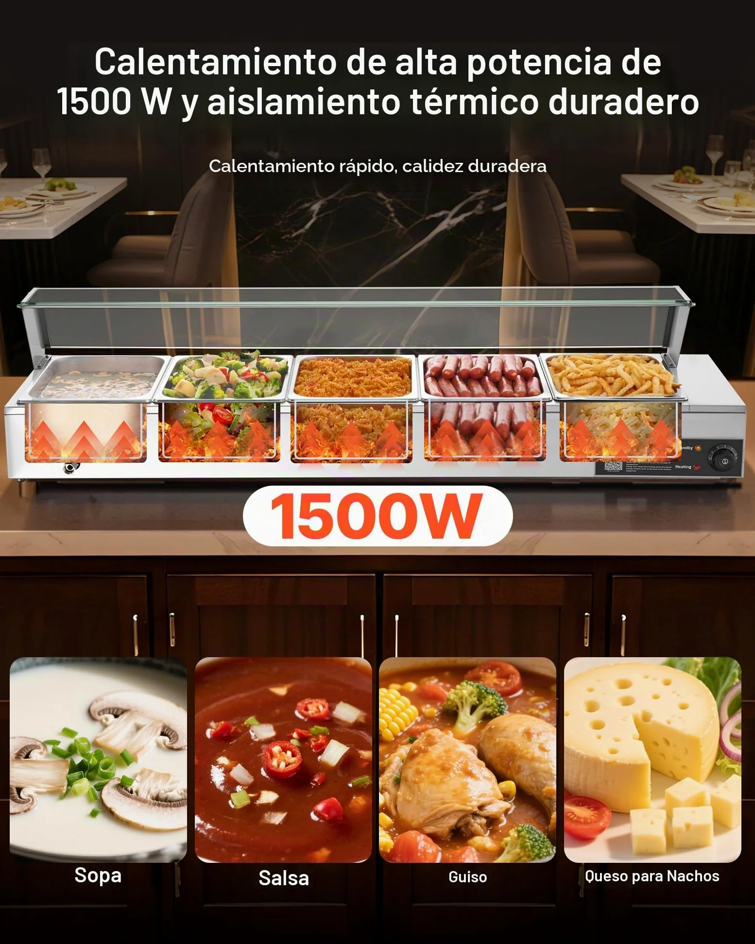 VEVOR Calentador de Alimentos Eléctrica, con Tapa de Vidrio y 5 Recipientes, 1,5 kW, de Acero Inoxidable, con Baño María, para Restaurantes, Fiestas y Bufés, 30-85 ℃, 1450 x 365 x 335 mm, Plata