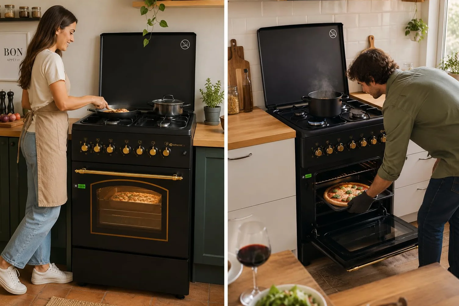 SOLTHERMIC F6S40E5RB Cocina Gas con Horno Eléctrico Turbo 60 cm 4 Fuegos Encendido Automático Horno Multifunción 60 L Negra