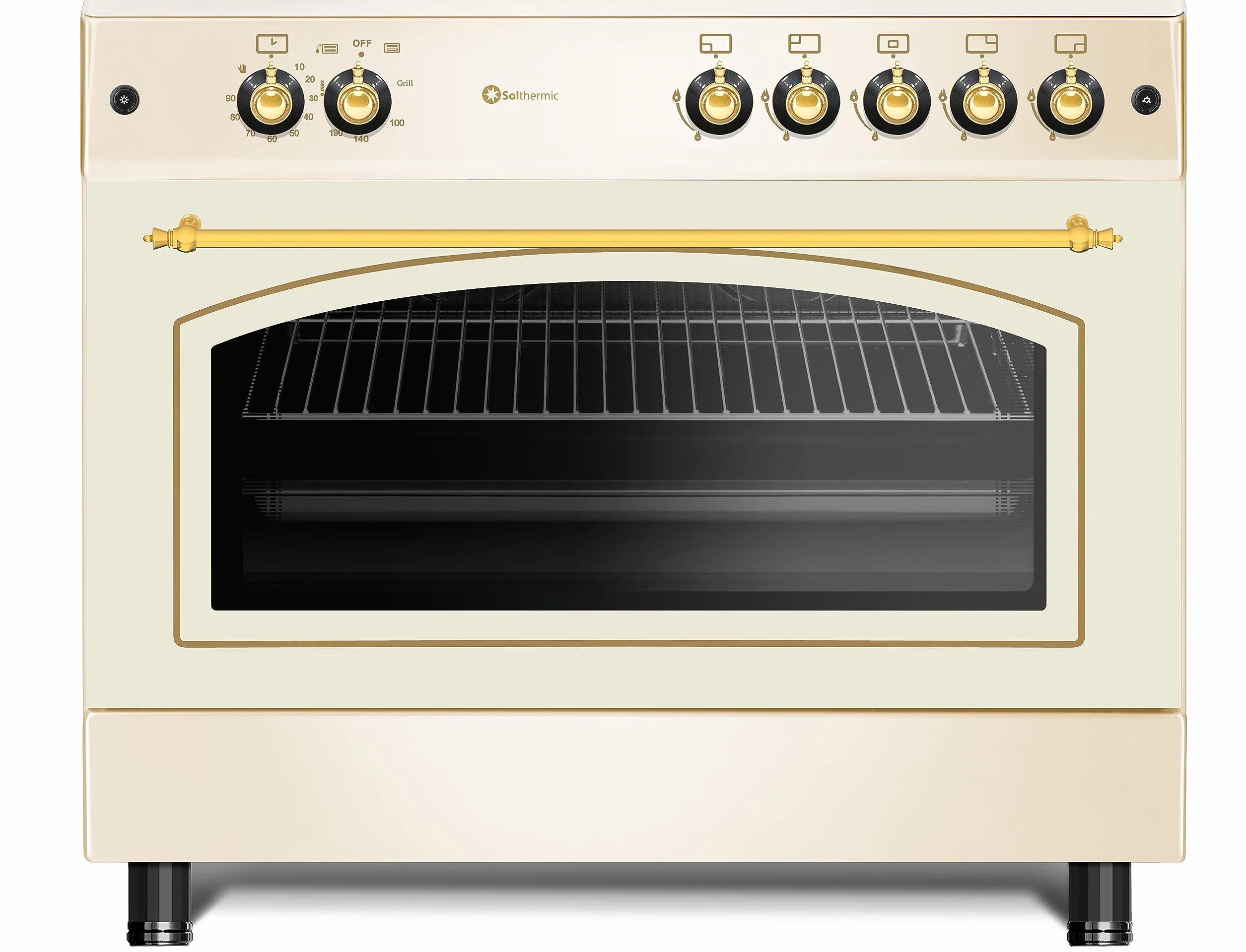 SOLTHERMIC F9L50G2-C COCINA CREMA RUSTICA CON MANDOS DORADOS/ANCHO 90 CMS / 5 FUEGOS/HORNO PANORAMICO 115 L. / GAS BUTANO Y GAS CIUDAD/ENTREGA A DOMICILIO Y RETIRADA DEL USADO GRATIS