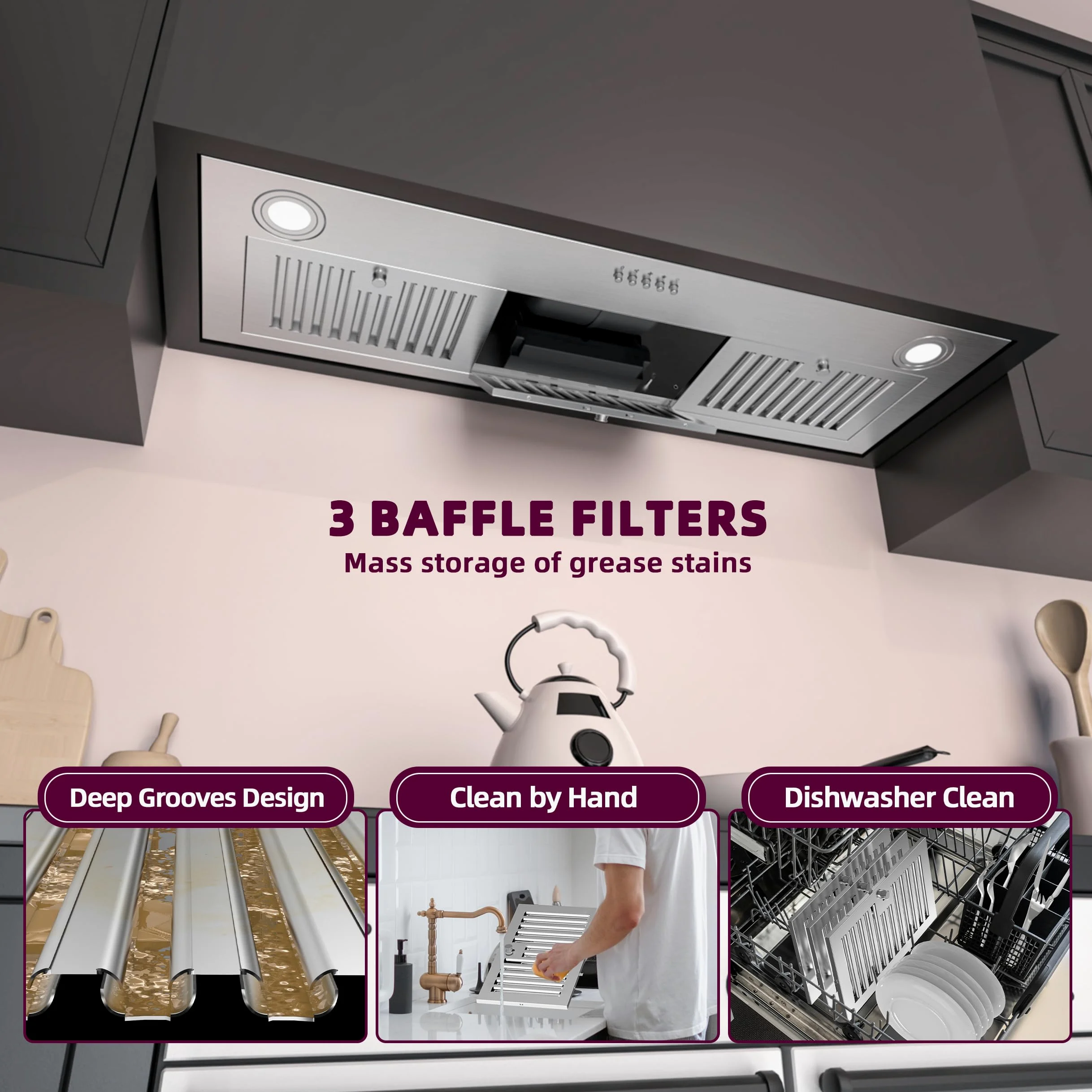 FIREGAS - Campana extractora de 36 pulgadas, campana de cocina integrada con 600 CFM, campana de ventilación convertible sin conductos, ventilación de acero inoxidable con botón de empuje, filtros